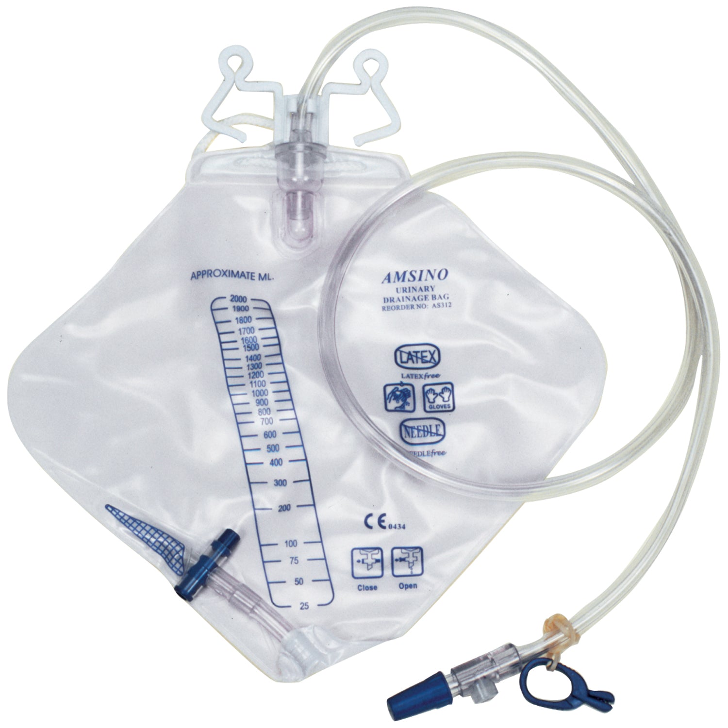 AMSINO AMSURE® URINARY S Drainage Bag, Diamond Shape, 2000mL, Bottom Draining, Universal Double-Hook, Large Anti-Reflux Chamber, Air-Vent, Needleless Sampling Port, Sterile Fluid Pathway, 20/cs