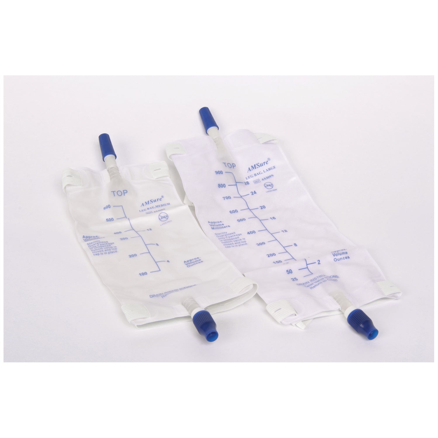 AMSINO AMSURE® URINARY LEG BAGS Leg Bag, 600mL Medium, Bottom Draining, Anti-Reflux Valve with Twist Turn Valve with 2 Pre-Assembled Latex Free