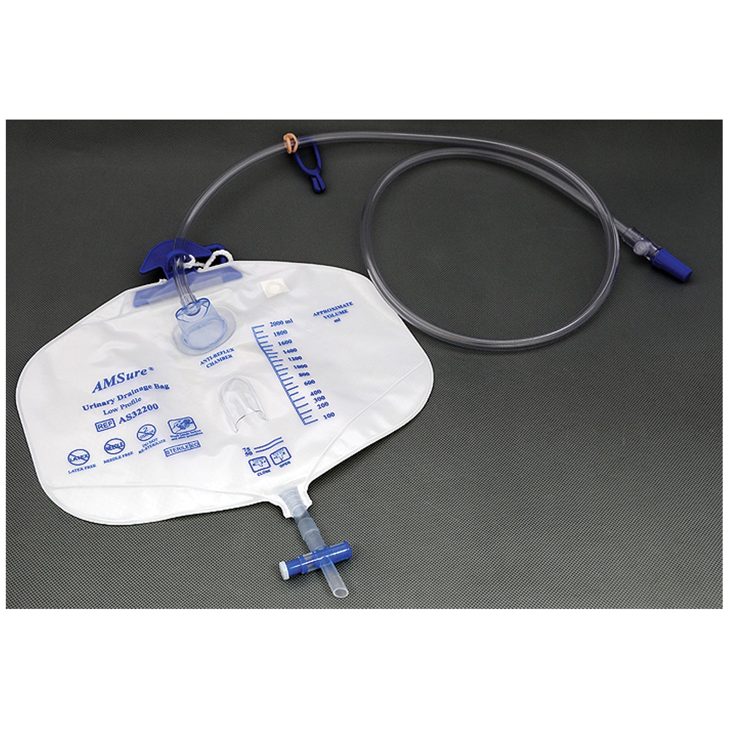 AMSINO AMSURE® URINARY DRAINAGE BAGS Drainage Bag, 2000mL, Anti-Reflux Device, Pre-Pierced Needle-Free Sampling Port(Luer Slip or Blunt Cannula Compatible), Single Hook & Rope Hanger, T-Tap Drain Port, Sterile Fluid Pathway, 20/cs