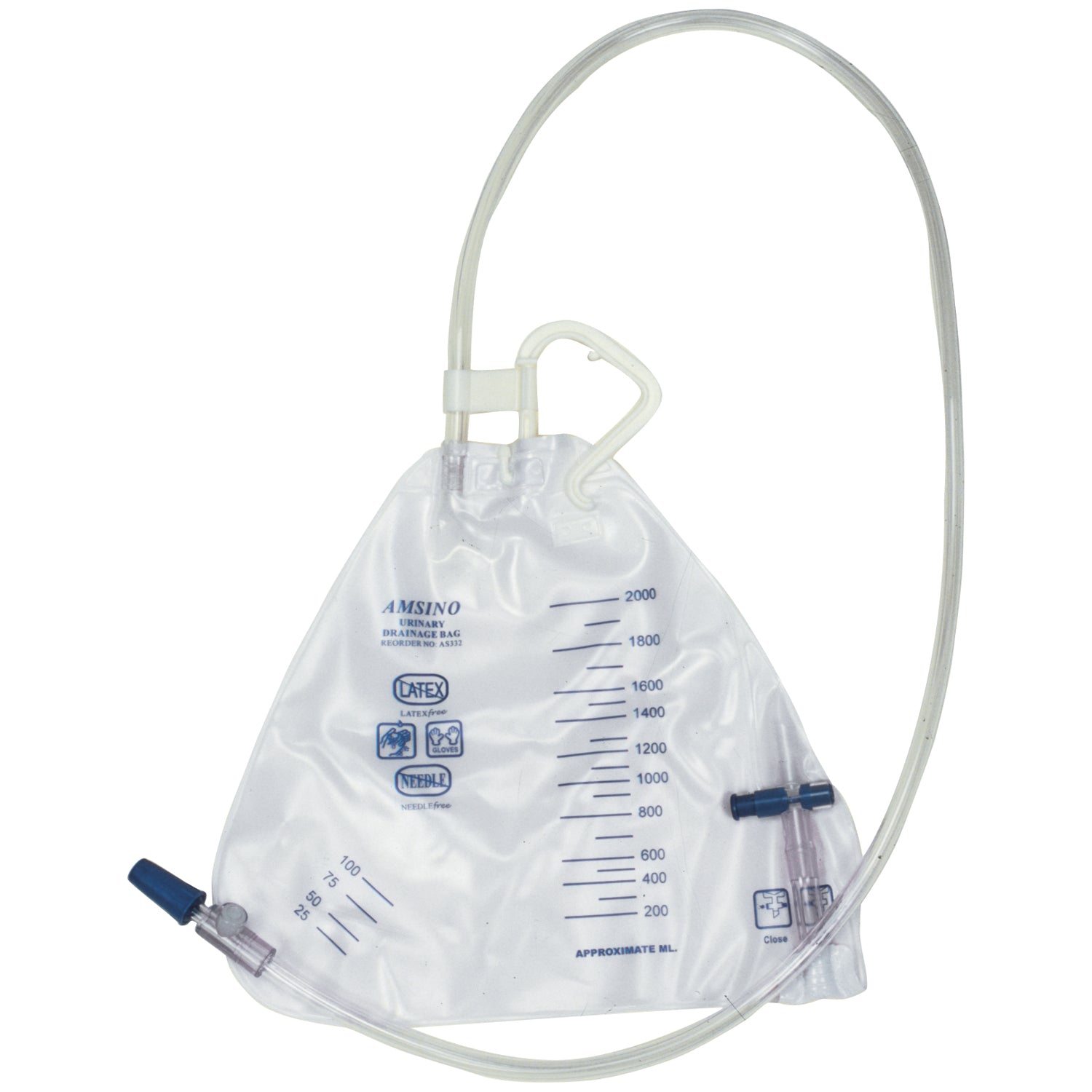 AMSINO AMSURE® URINARY S Drainage Bag, Pear Shape, 2000mL, Bottom Draining, Universal Hanger, Anti-Reflux Flutter Valve, Air-Vent, Needleless Sampling Port, Sterile Fluid Pathway, 20/cs