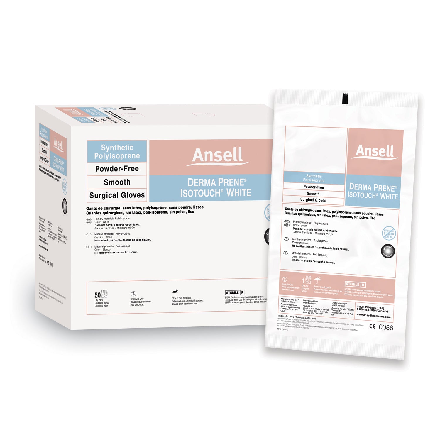 ANSELL GAMMEX® NON-LATEX PI WHITE POWDER-FREE SYNTHETIC Surgical Gloves, Size 51/2, White, 50 pr/bx, 4 bx/cs