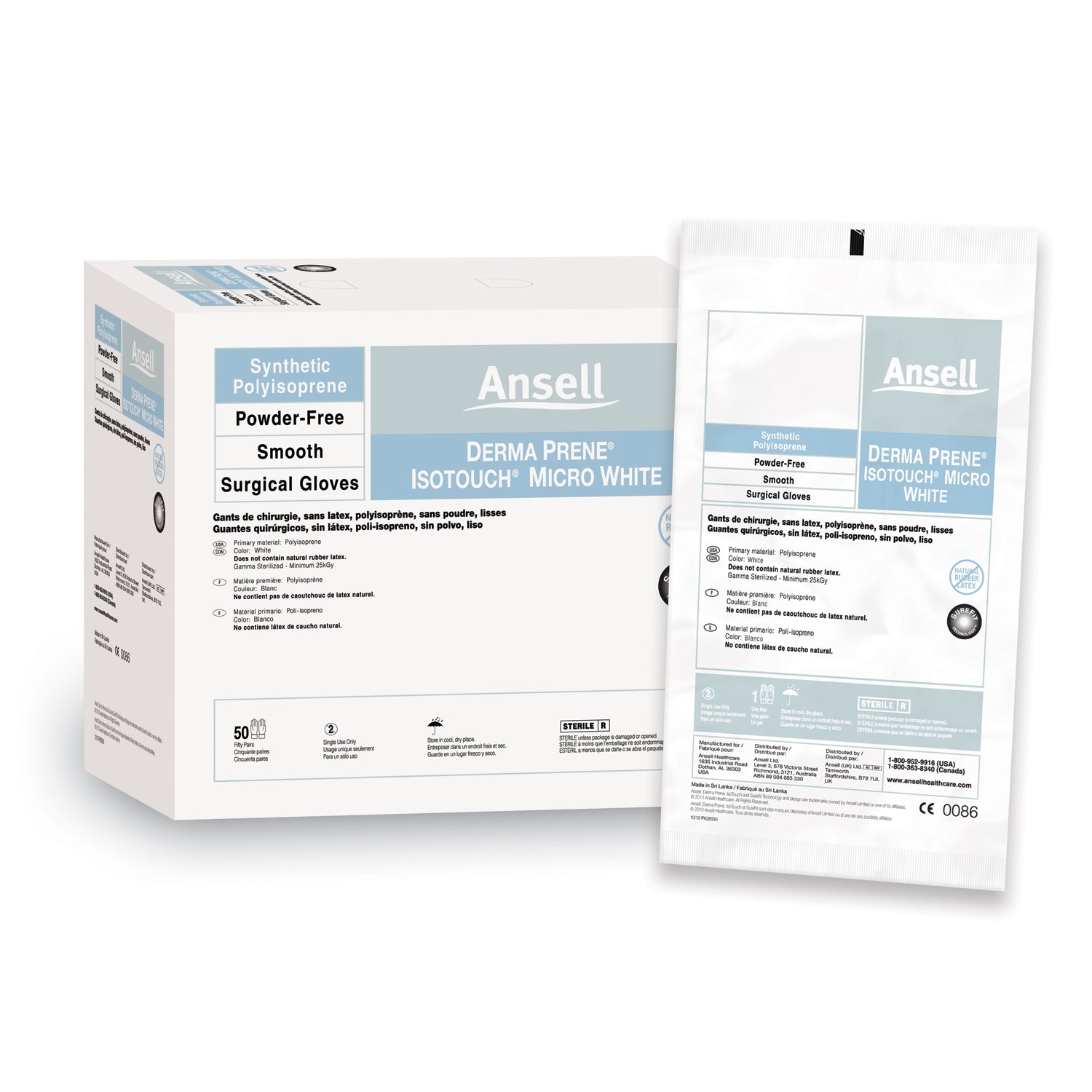 ANSELL GAMMEX® NON-LATEX PI MICRO WHITE Surgical Gloves, Size 8, White, 50 pr/bx, 4 bx/cs
