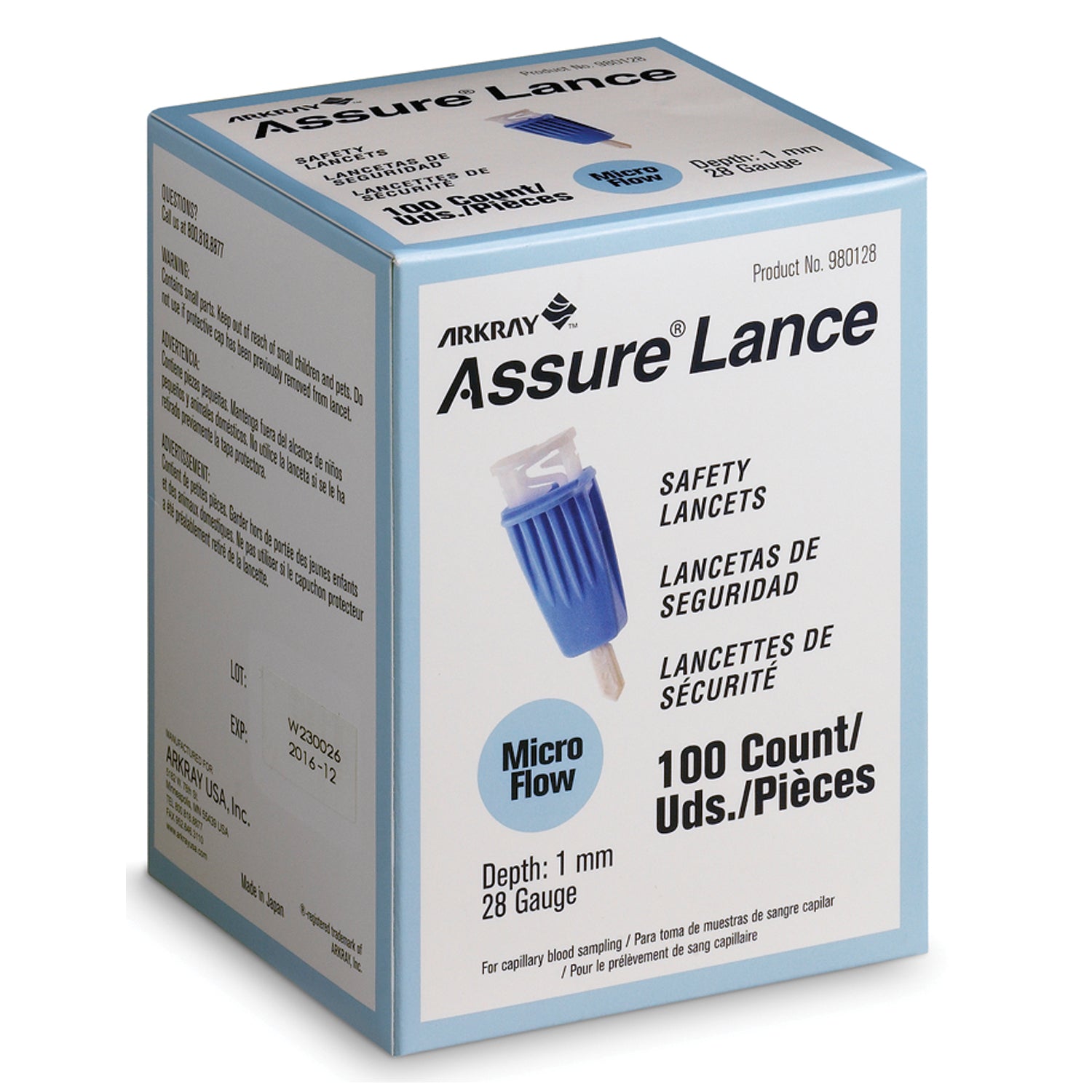 ARKRAY ASSURE® LANCE SAFETY S Lancet, 28G x 1mm, Light Blue, 100/bx