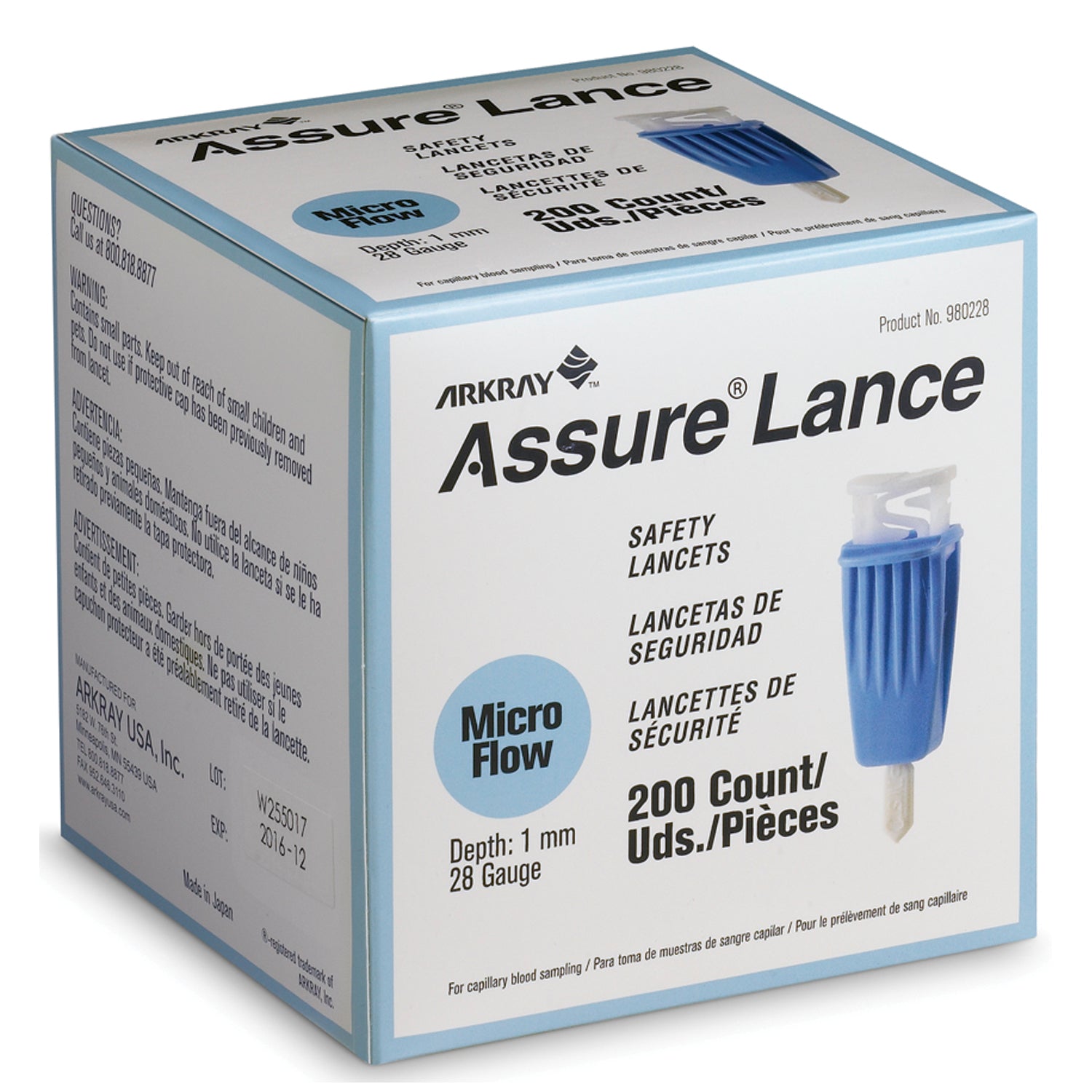 ARKRAY ASSURE® LANCE SAFETY S Lancet, 28G x 1mm, Light Blue, 200/bx