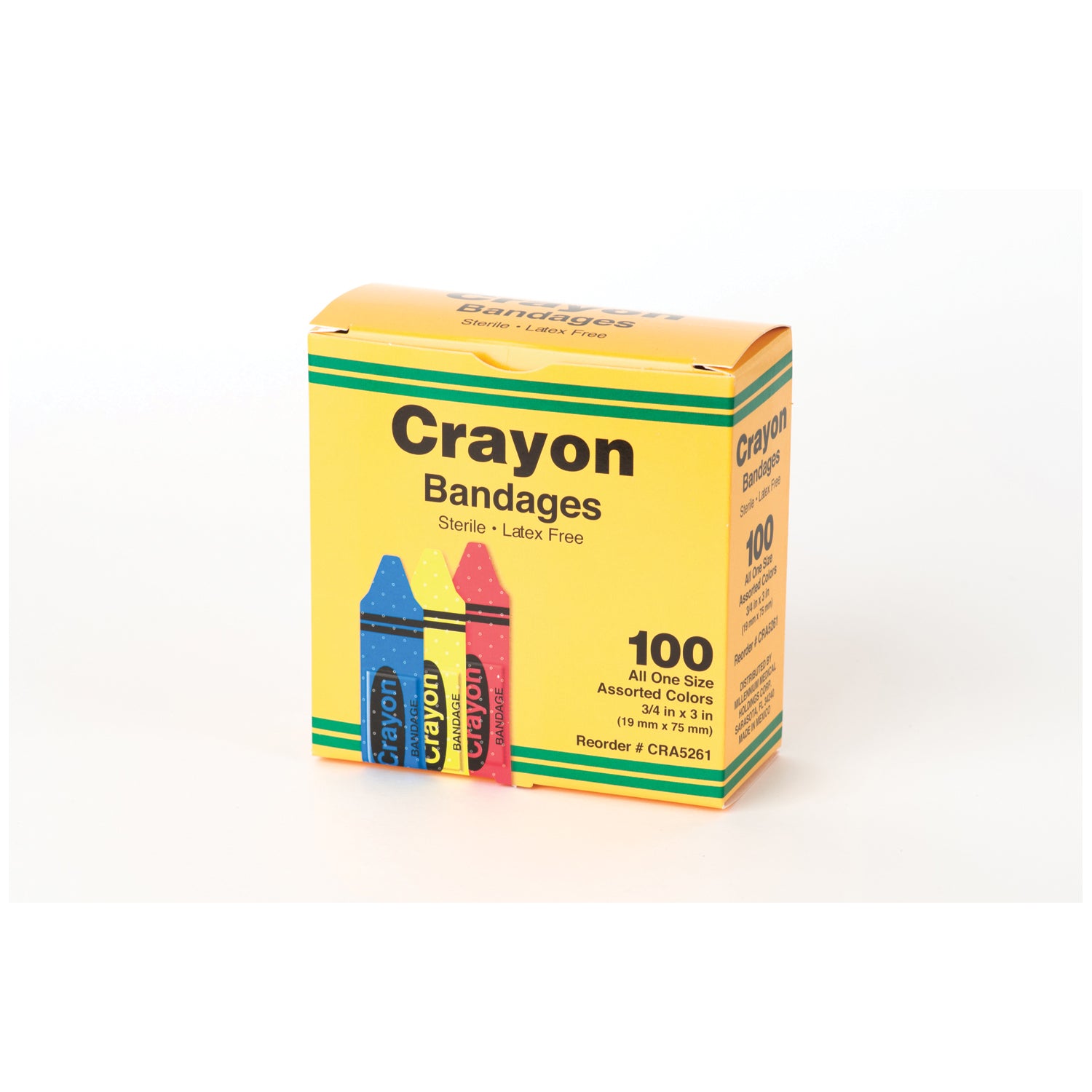 ASO CAREBAND™ DECORATED BANDAGES "Crayola Bandages, 3/4\" x 3\" Strips, Latex Free (LF), Assorted (red, yellow & blue), 100/bx, 12 bx/cs"