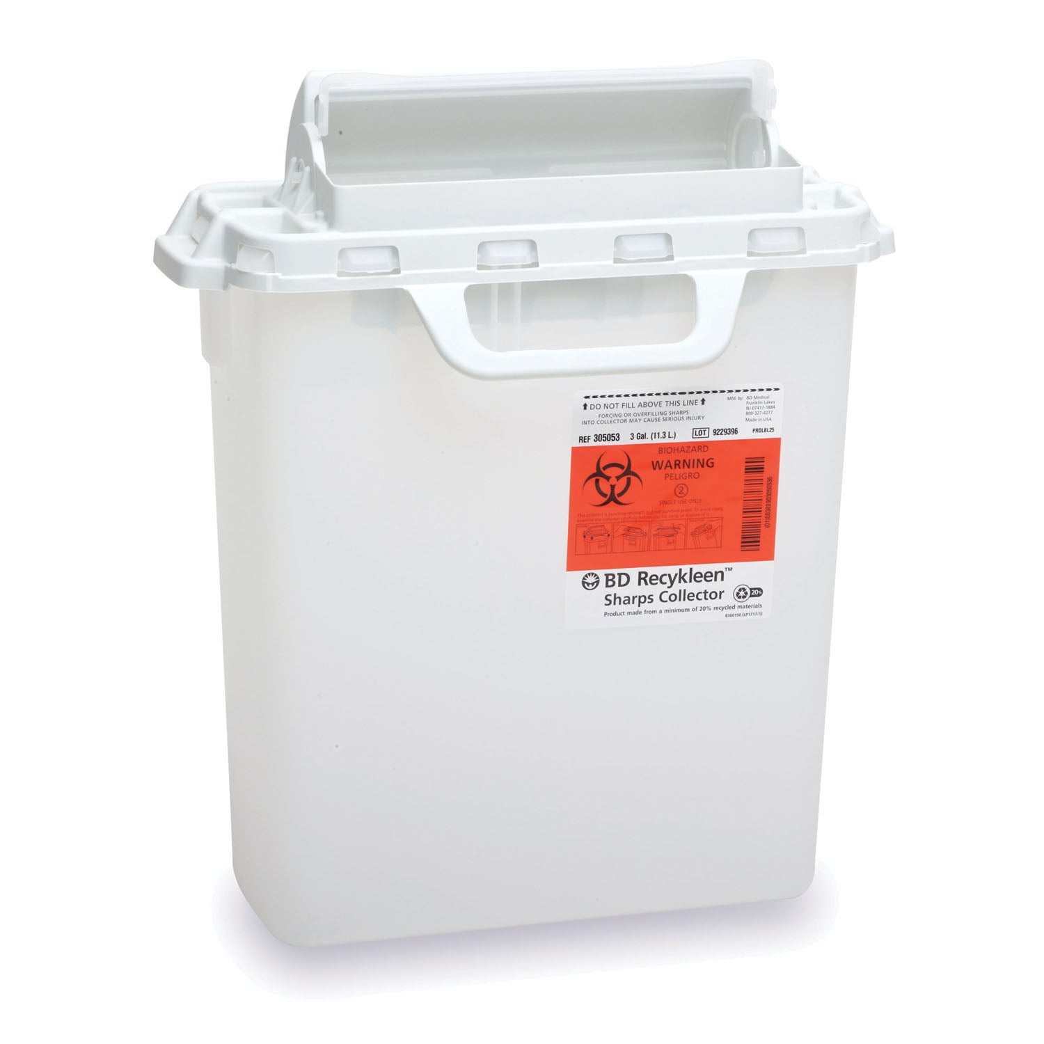 BD RECYKLEEN SHARPS COLLECTORS "Sharps Collector, 3 Gallon, 153/4\" x 131/2\" x 6\", Counterbalanced Door, Pearl, 10/cs "