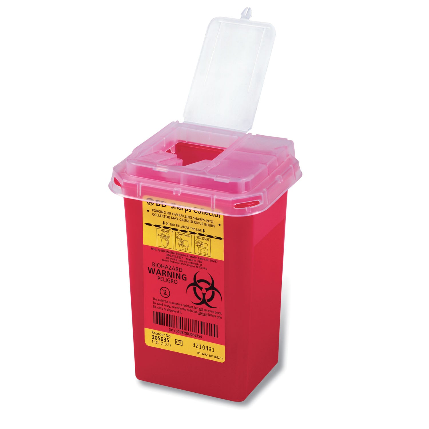 BD PHLEBOTOMY S Sharps Collector, 1.0 Qt, Phlebotomy, Red, 60/cs