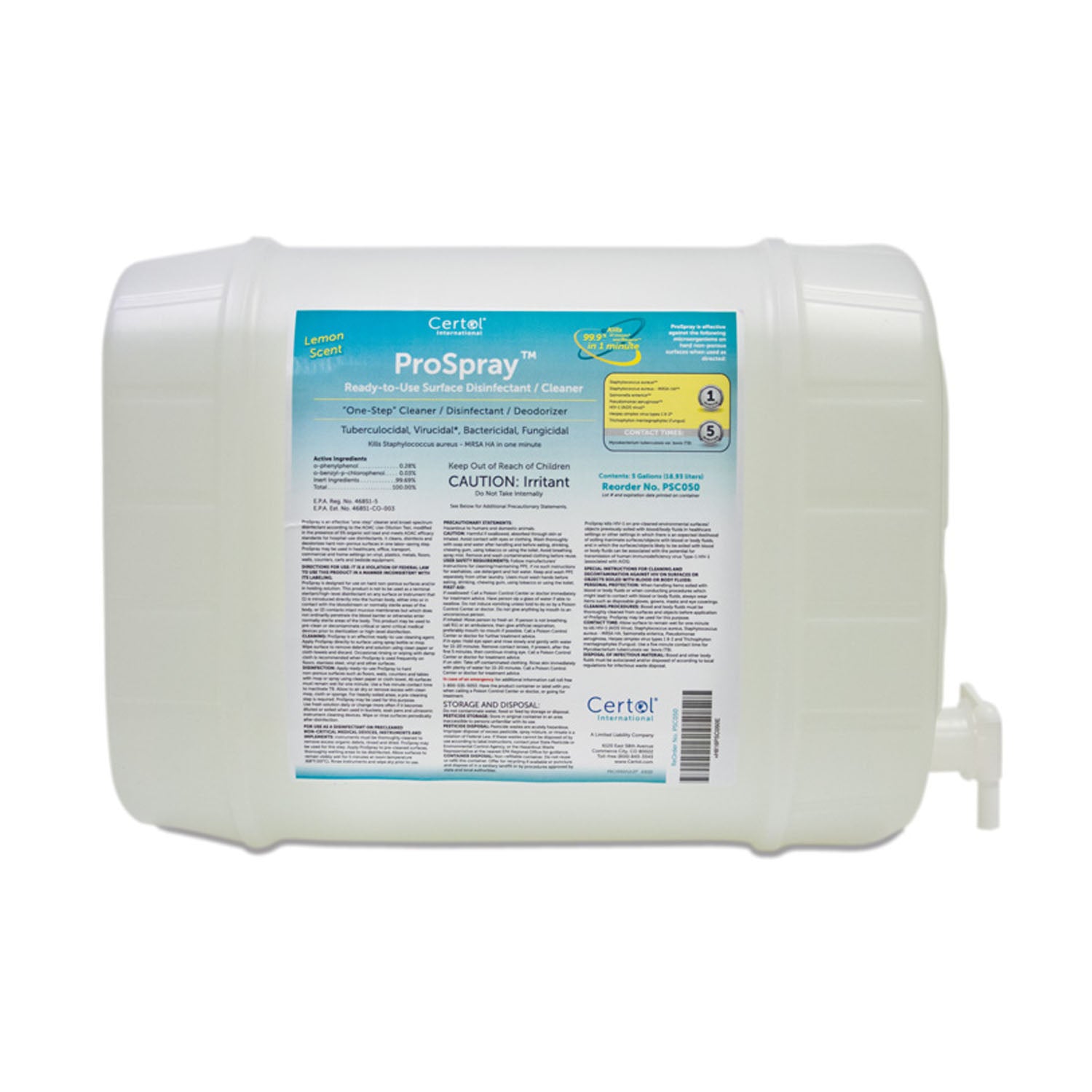 CERTOL SPEC CLEAN DISINFECTANT™ SURFACE CLEANER/DISINFECTANT Ready-to-use Disinfectant/ Cleaner Refill, 5 Gallon, 1/cs