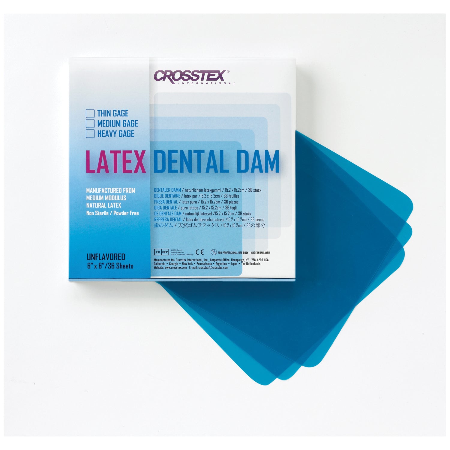 CROSSTEX DENTAL DAMS "Dental Dam, Medium, Blue, 6\" x 6\", Unflavored, 36 sheets/bx "