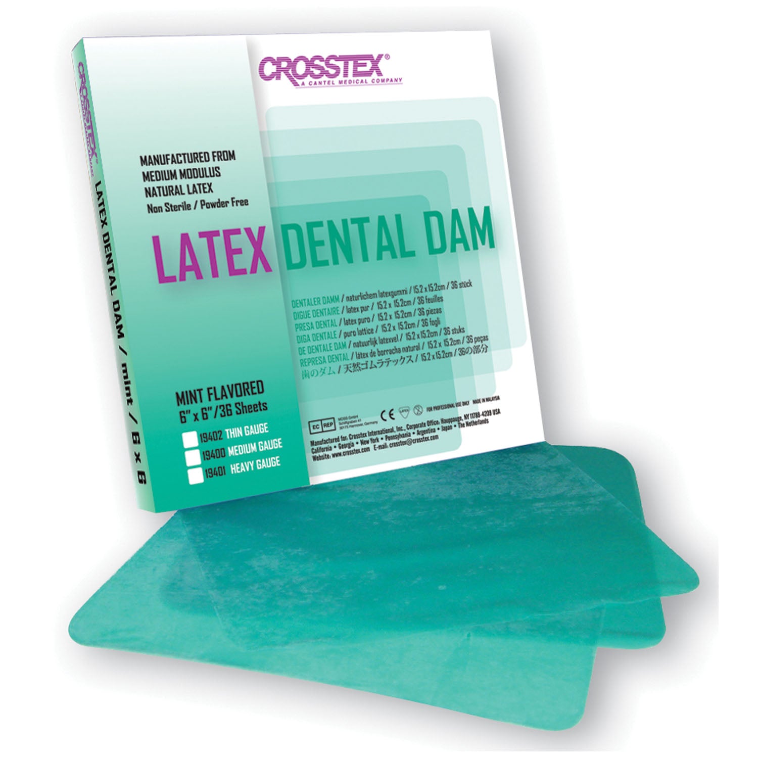 CROSSTEX DENTAL DAMS "Dental Dam, Thin, Green, 6\" x 6\", Mint, 36 sheets/bx"