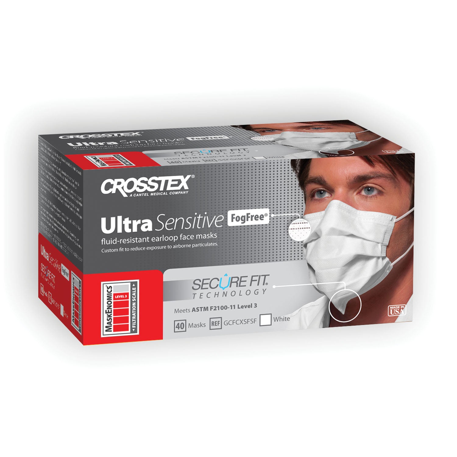 CROSSTEX SECUREFIT ULTRA SENSITIVE EARLOOP MASK ASTM Level 3 Earloop Mask, No Fog, White, 40/bx, 10 bx/ctn