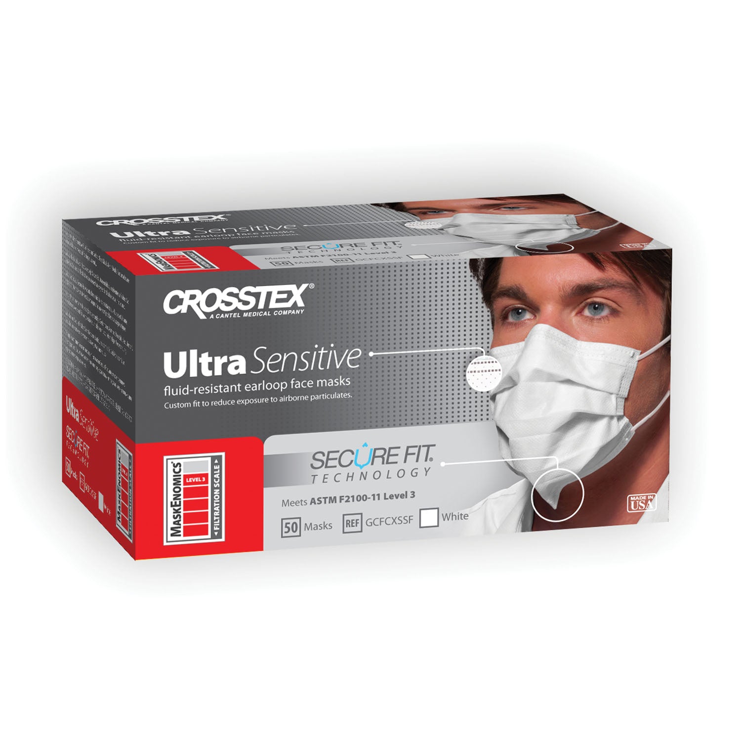 CROSSTEX SECUREFIT ULTRA SENSITIVE EARLOOP MASK ASTM Level 3 Earloop Mask, White, 50/bx, 10 bx/ctn