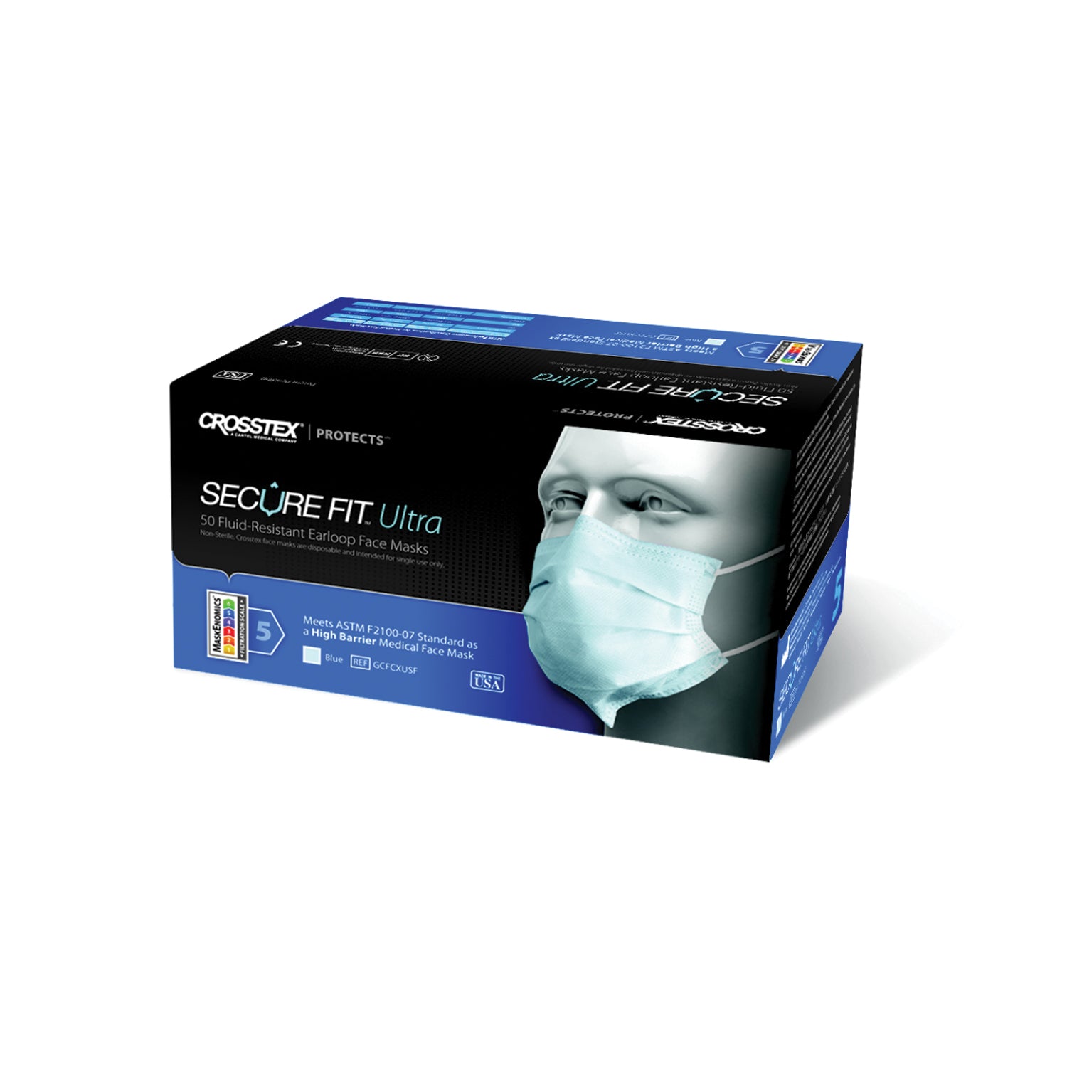 CROSSTEX SECUREFIT ULTRA SENSITIVE EARLOOP MASK ASTM Level 3 Earloop Mask, Blue, 50/bx, 10 bx/ctn