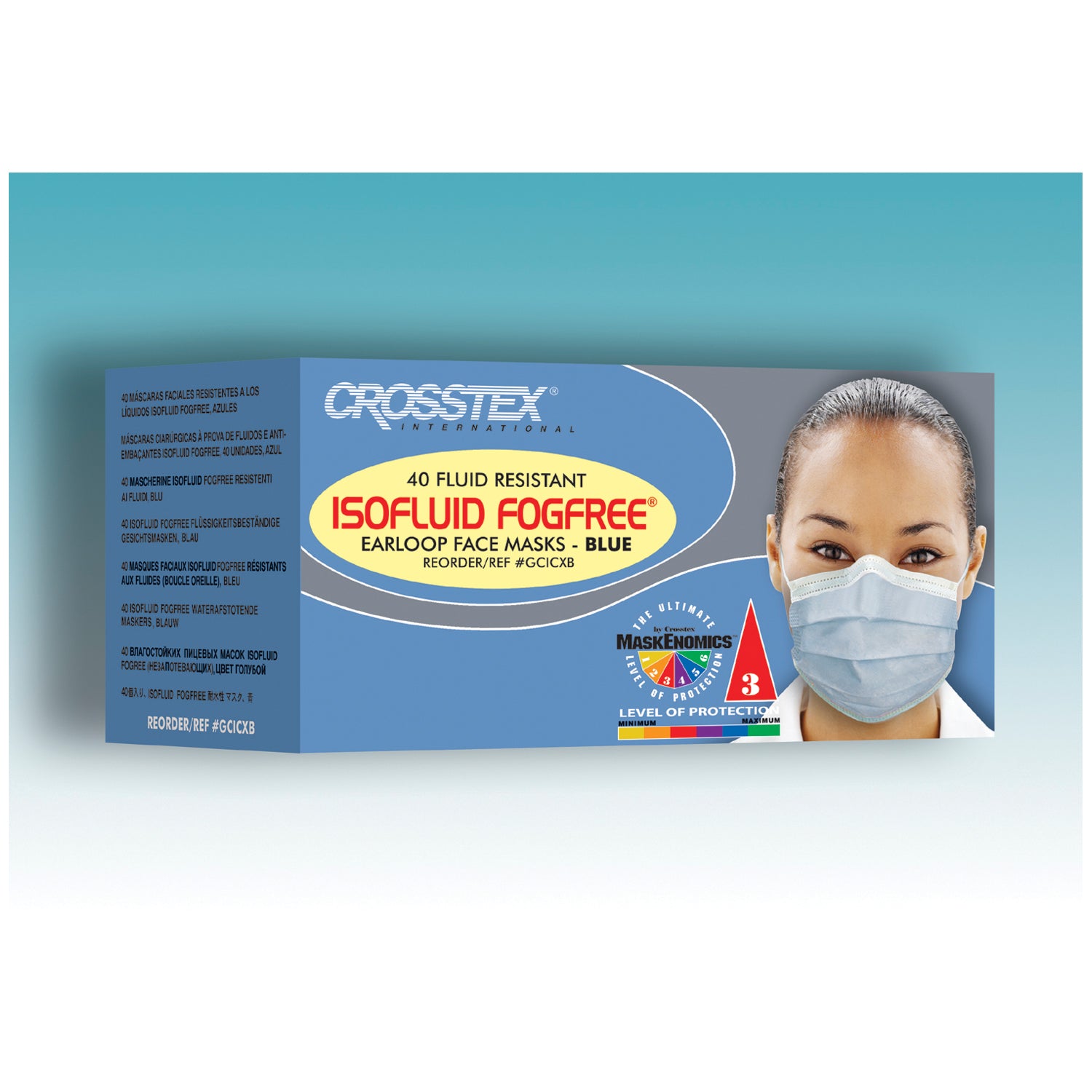 CROSSTEX ISOFLUID FOGFREE® EARLOOP MASK ASTM Level 1 Mask, Latex Free (LF), Blue, 40/bx, 10 bx/ctn