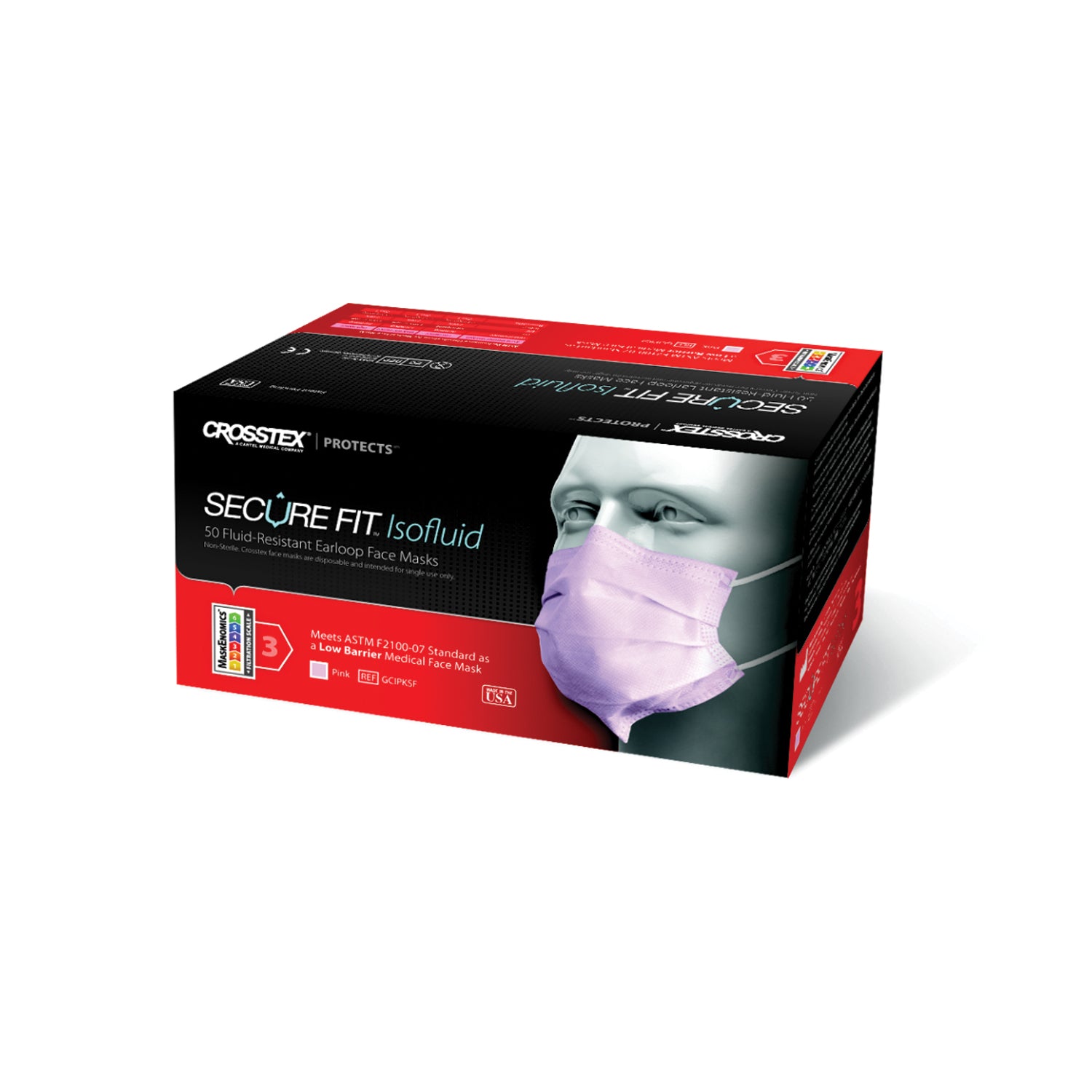 CROSSTEX SECUREFIT ISOFLUID FACE MASK ASTM Level 1 Earloop Mask, Pink, 50/bx, 10 bx/ctn