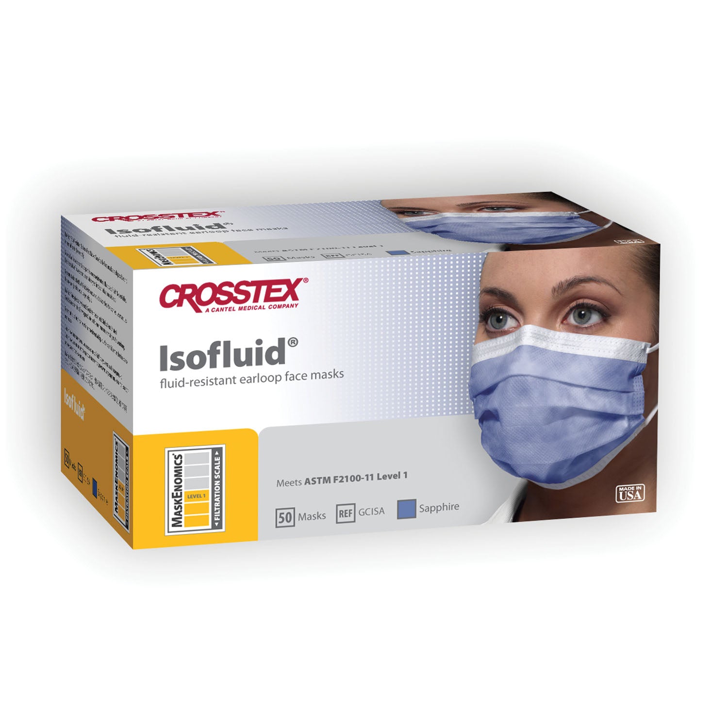 CROSSTEX ISOFLUID® EARLOOP MASK ASTM Level 1 Mask, Latex Free (LF), Sapphire, 50/bx, 10 bx/ctn
