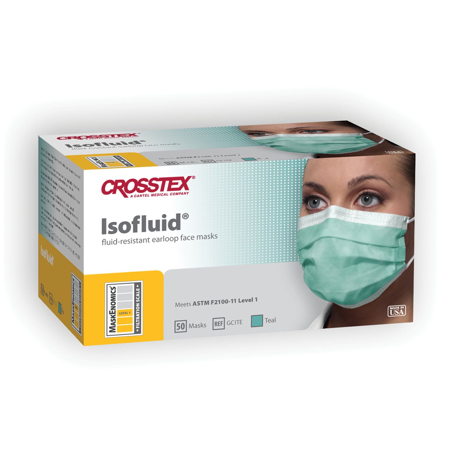 CROSSTEX ISOFLUID® EARLOOP MASK ASTM Level 1 Mask, Latex Free (LF), Teal, 50/bx, 10 bx/ctn
