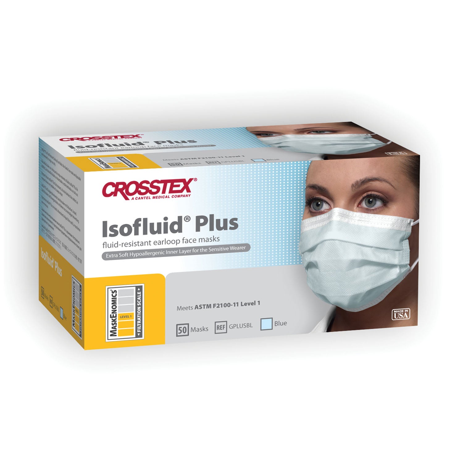 CROSSTEX ISOFLUID® PLUS EARLOOP MASK ASTM Level 1 Mask, Latex Free (LF), Blue, 50/bx, 10 bx/ctn