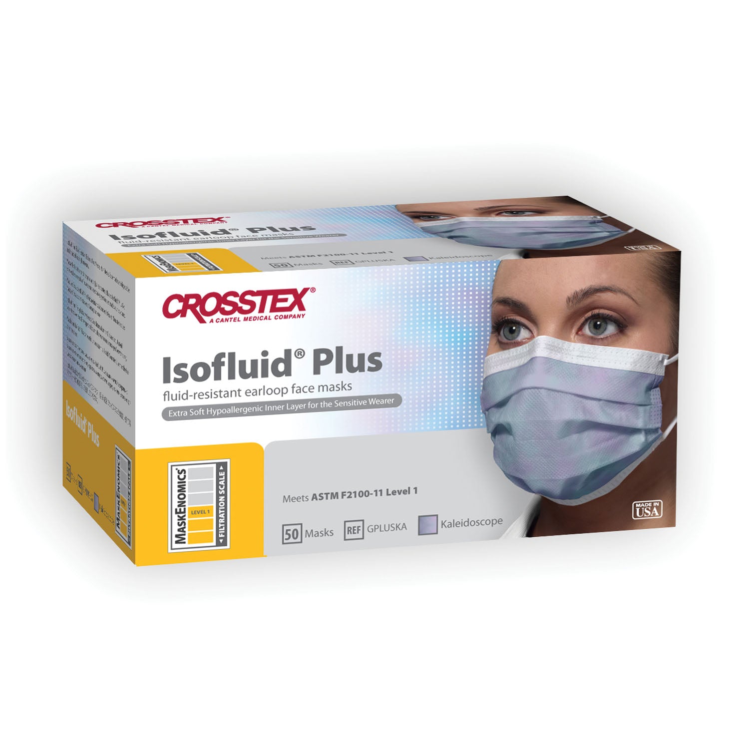 CROSSTEX ISOFLUID® PLUS EARLOOP MASK ASTM Level 1 Mask, Latex Free (LF), Kaleidoscope, 50/bx, 10 bx/ctn (18 ctn/plt)
