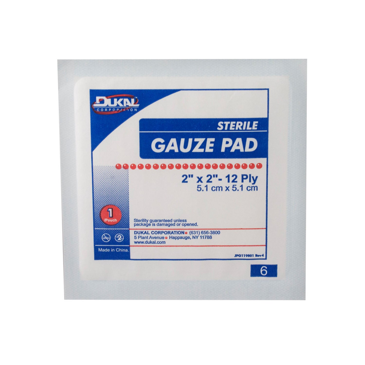 DUKAL GAUZE PADS Gauze Pad, 2" x 2", 12-Ply, Sterile, 1/pk, 25 pk/bx, 24 bx/cs