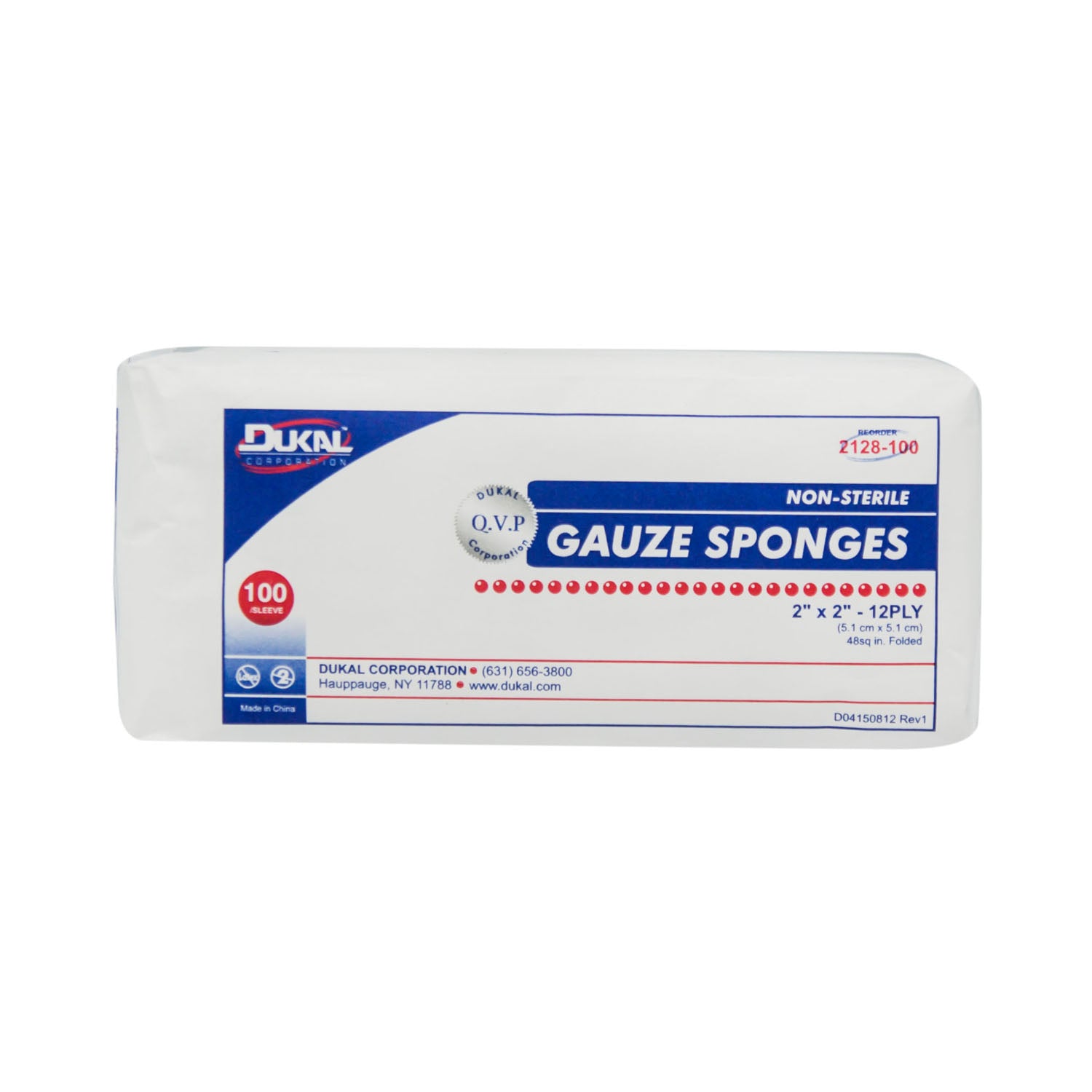 DUKAL WOVEN COTTON GAUZE SPONGES "Gauze Sponge, 2\" x 2\", Non-Sterile, 12-Ply, 100/bg, 80 bg/cs"