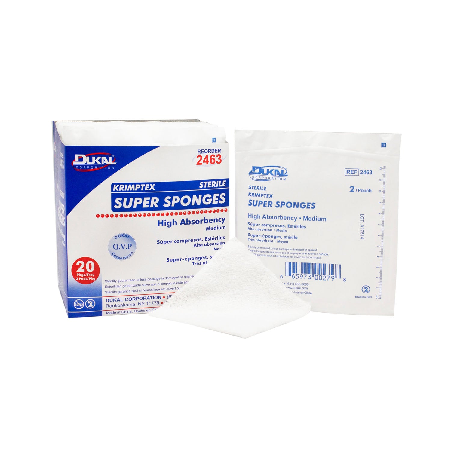 DUKAL SUPER S Sponge, Sterile 2s, Medium, Soft Pouch, 2/pk, 20 pk/tray, 12 tray/cs