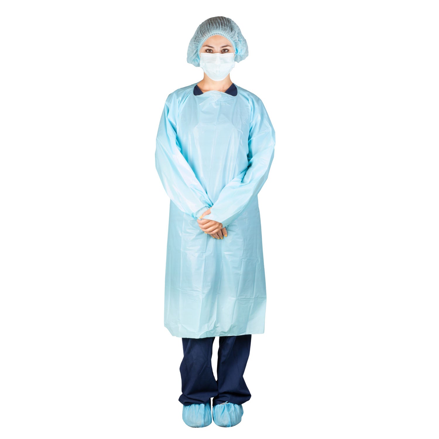 DUKAL ISOLATION GOWNS Protective Cover Gown, CPE Coated, Pull-Over, Blue, AAMI Level 2, Disposable, 15/bg, 5 bg/cs
