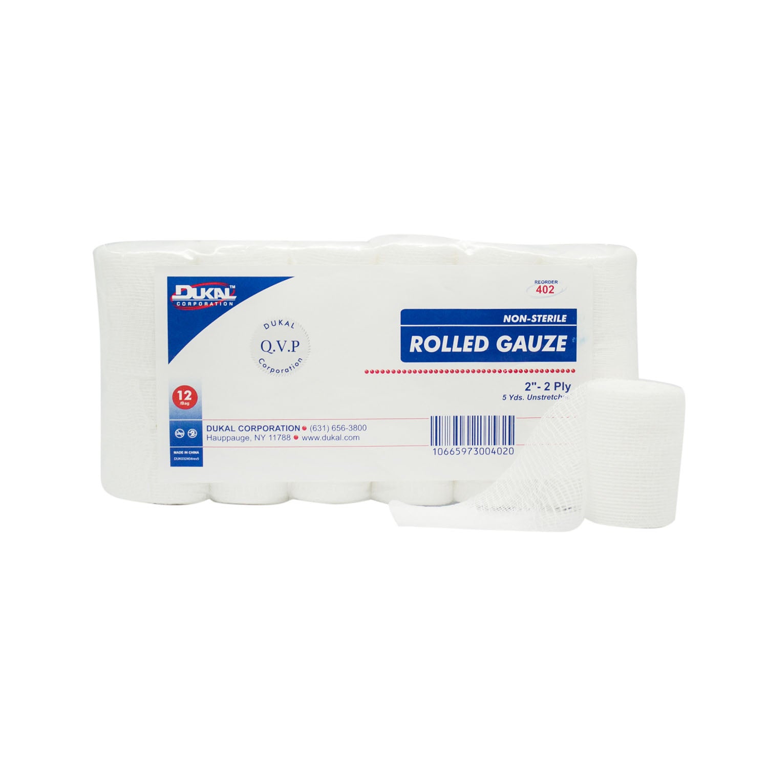 DUKAL ROLLED GAUZE "Rolled Gauze, 2\" x 5 yd, Non-Sterile, 2-Ply, 12 rl/bg, 8 bg/cs"