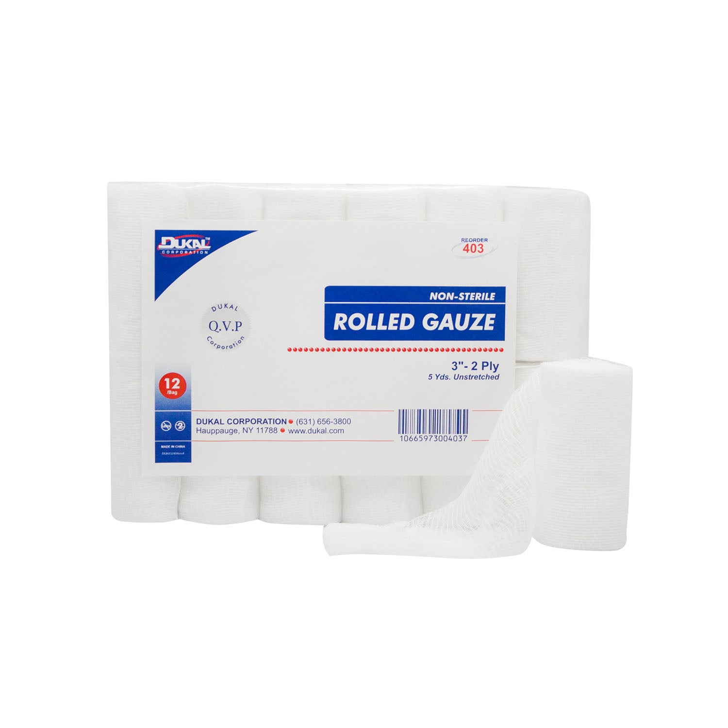DUKAL ROLLED GAUZE Rolled Gauze, 3" x 5 yd, Non-Sterile, 2-Ply, 12 rl/bg, 8 bg/cs