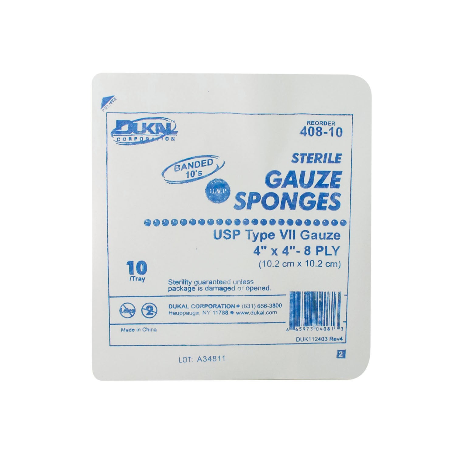 DUKAL WOVEN COTTON GAUZE SPONGES "Gauze Sponge, 4\" x 4\", Sterile Tray, 8-Ply, 10/tray, 128 tray/cs"