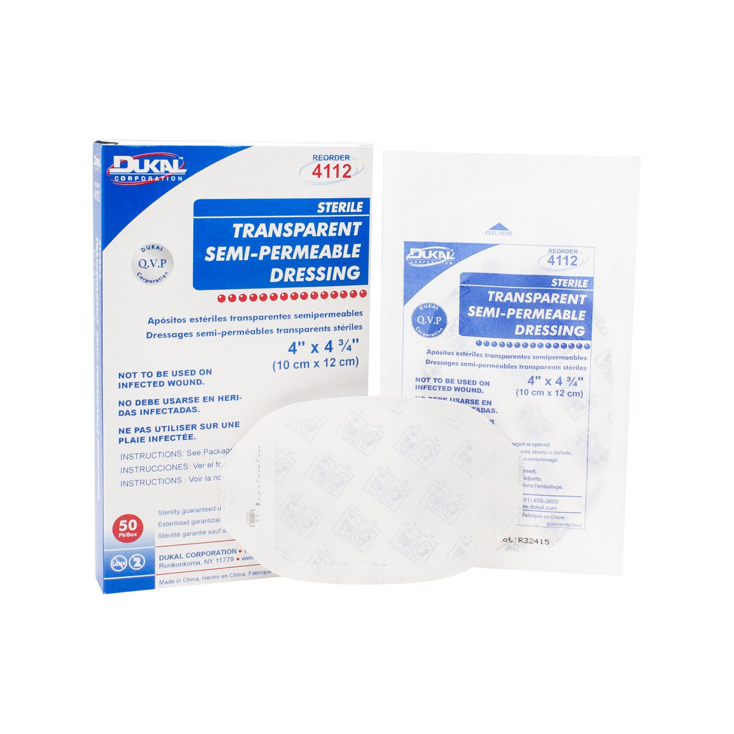 DUKAL TRANSPARENT SEMI-PERMEABLE DRESSINGS "Semi-Permeable Dressing, 4\" x 43/4\", Transparent, Sterile, 1/pk, 50 pk/bx"