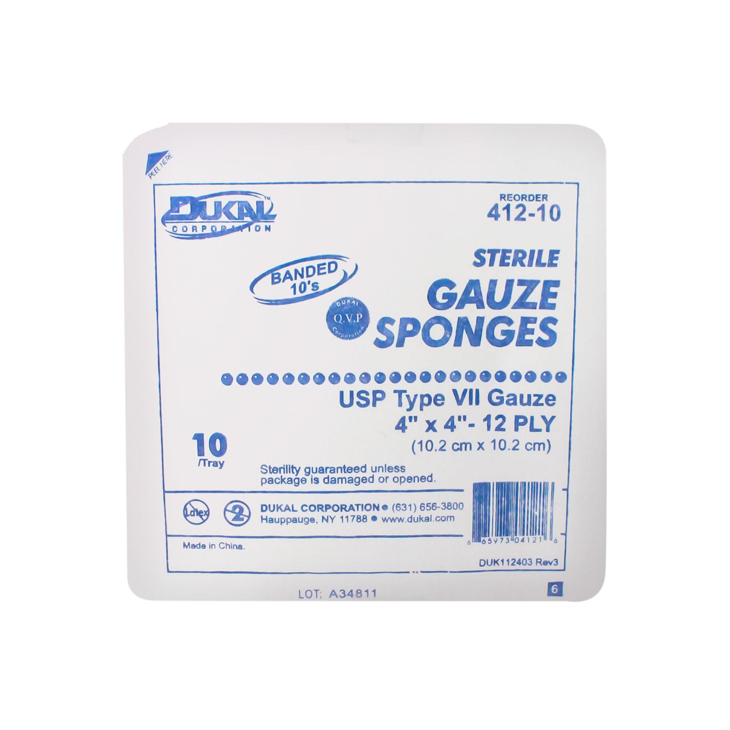 DUKAL WOVEN COTTON GAUZE SPONGES "Gauze Sponge, 4\" x 4\", Sterile Tray, 12-Ply, 10/tray, 128 tray/cs"