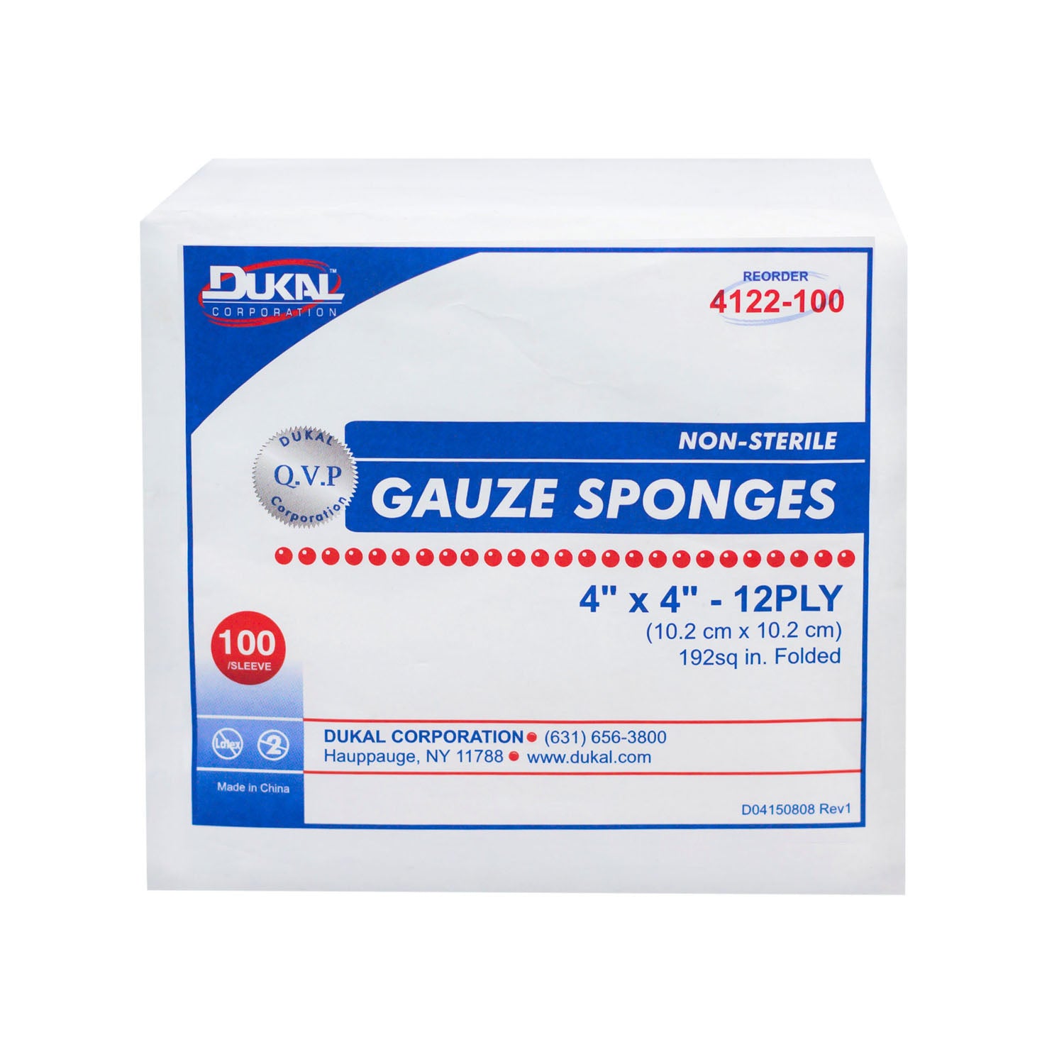 DUKAL WOVEN COTTON GAUZE SPONGES "Gauze Sponge, 4\" x 4\", Non-Sterile, 12-ply, 100/bg, 20 bg/cs"