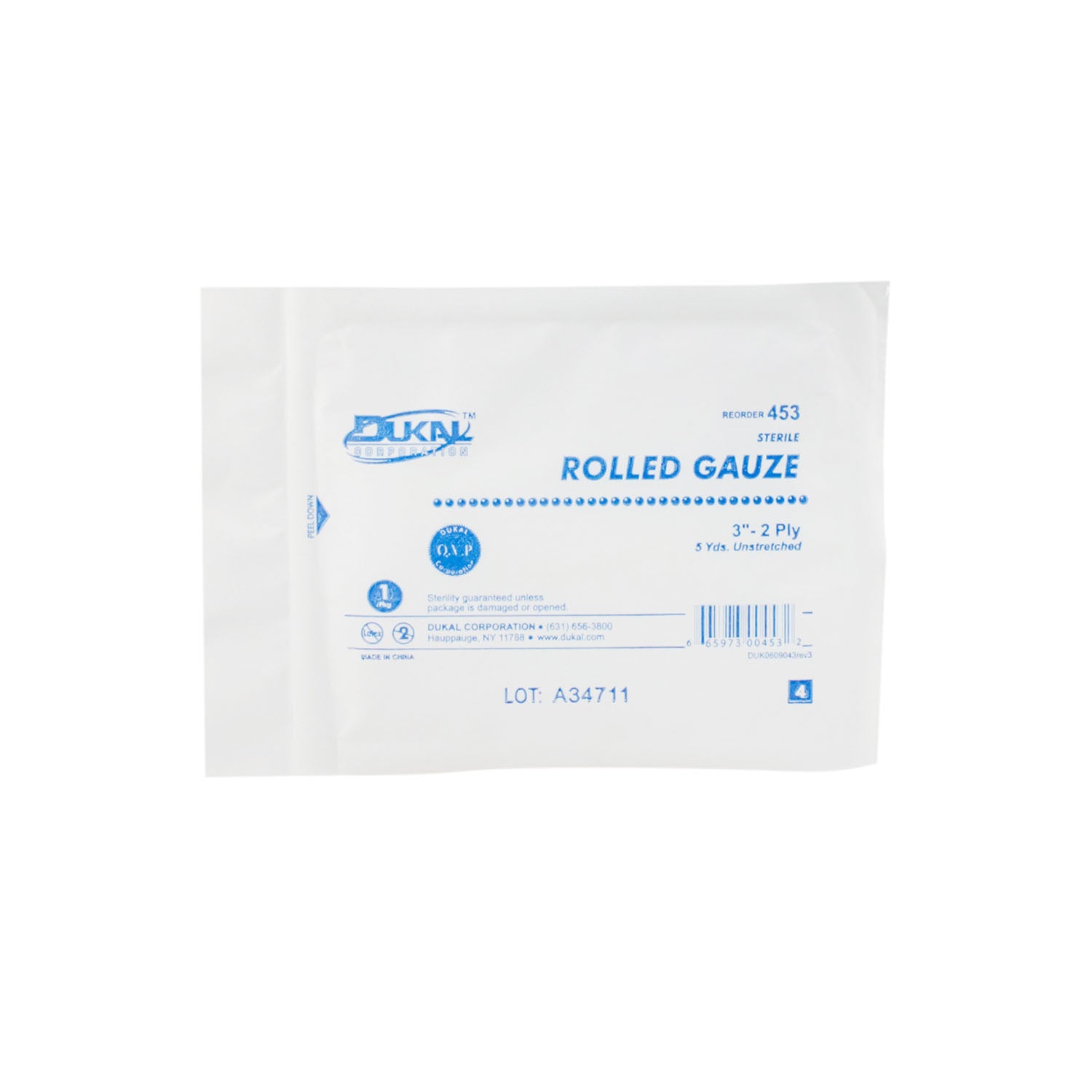 DUKAL ROLLED GAUZE "Rolled Gauze, 3\" x 5 yd, Sterile, 2-Ply, 1/pouch, 12/bg, 8 bg/cs"