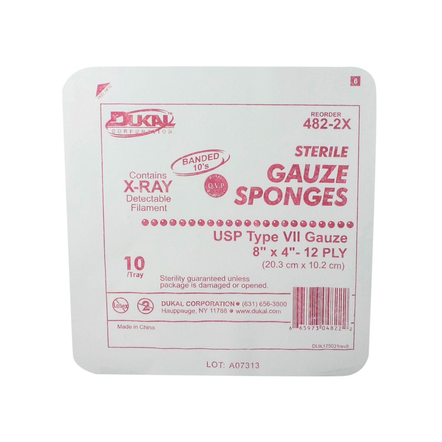 DUKAL X-RAY DETECTABLE GAUZE SPONGES "Gauze Sponge, 8\" x 4\" X-Ray Detectable Type VII, 12-Ply, Sterile, 10/tray, 48 tray/cs"