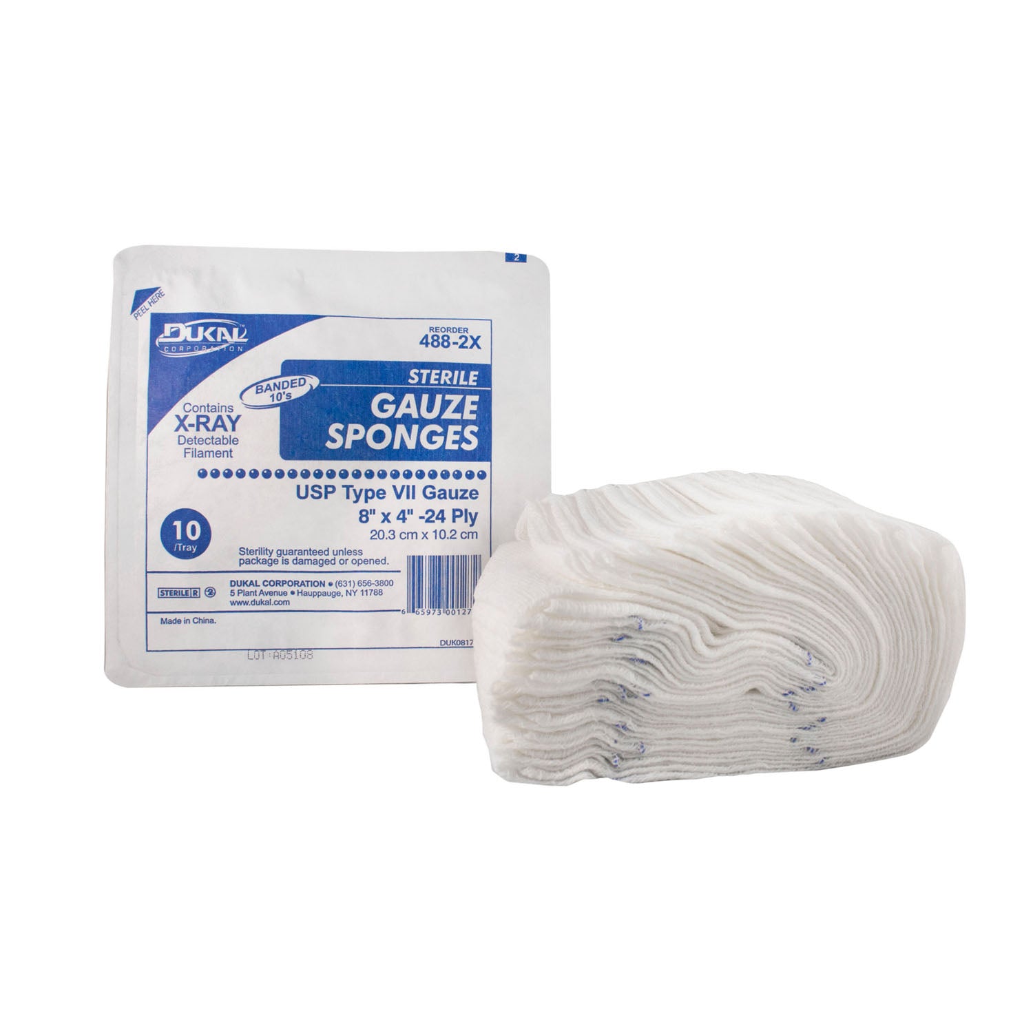 DUKAL X-RAY DETECTABLE GAUZE SPONGES "Gauze Sponge, 8\" x 4\", X-Ray Detectable Type VII, 24-Ply, Sterile, 10/tray, 48 tray/cs"