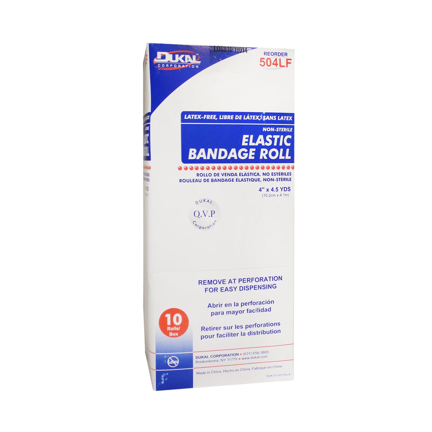DUKAL ELASTIC BANDAGE "Elastic Bandage Roll, 4\" x 4.5yd, Non-Sterile, Latex Free (LF), 10/bx, 5 bx/cs (72 cs/plt)"