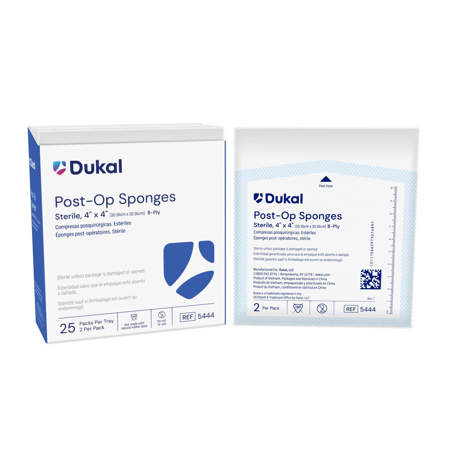 DUKAL POST-OP SPONGES Sponge, 4" x 4" Sterile Post-Op, Gauze Facing, 2/pk, 25 pk/bx, 24 bx/cs