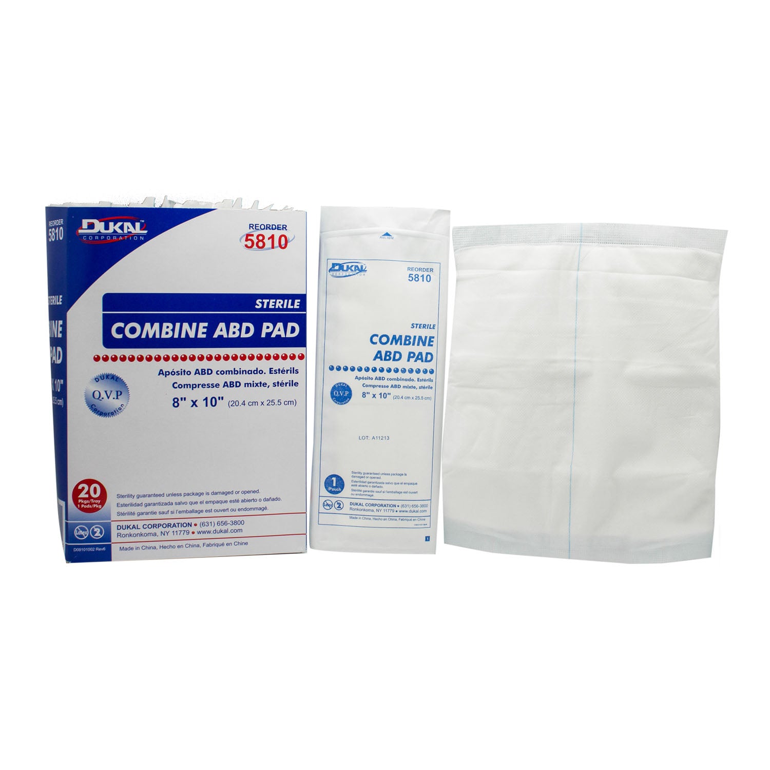 DUKAL ABD PADS "ABD Pad, 8\" x 10\", Sterile, 1/pk, 20 pk/tray, 16 tray/cs (18 cs/plt)"
