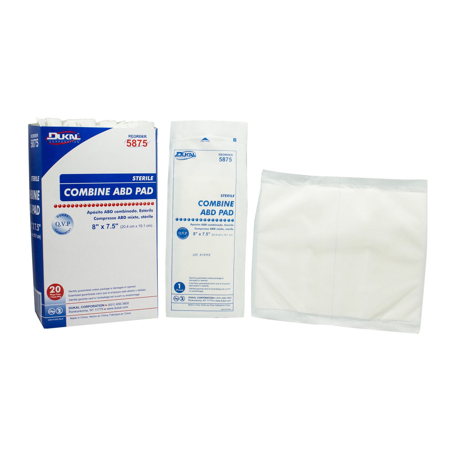 DUKAL ABD PADS "ABD Pad, 8\" x 71/2\", Sterile, 1/pk, 20 pk/tray, 12 tray/cs"