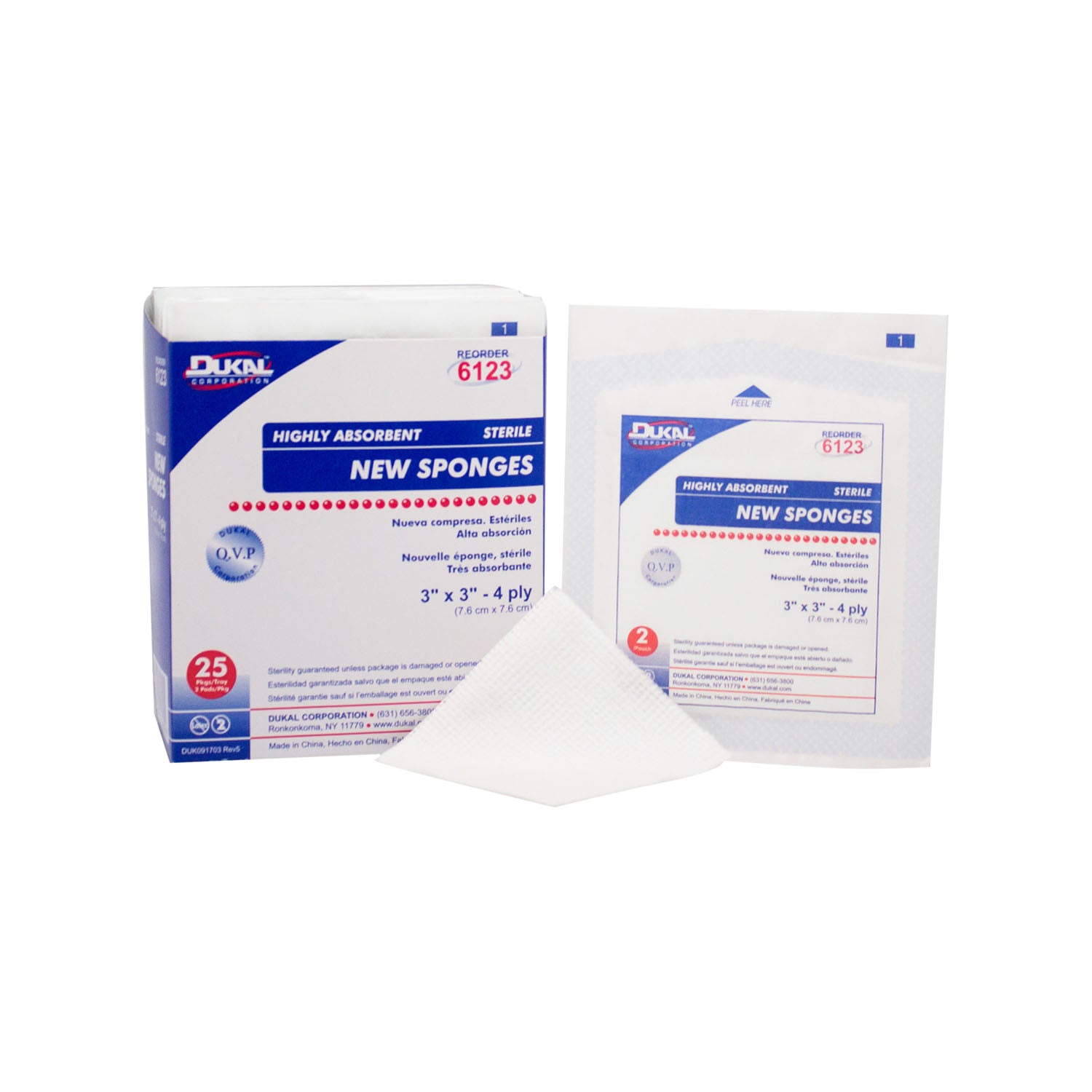 DUKAL NEW SPONGES Sponge, 3" x 3", Non-Woven New Sponge, Sterile, 4-Ply, 2/pk, 25 pk/bx, 48 bx/cs