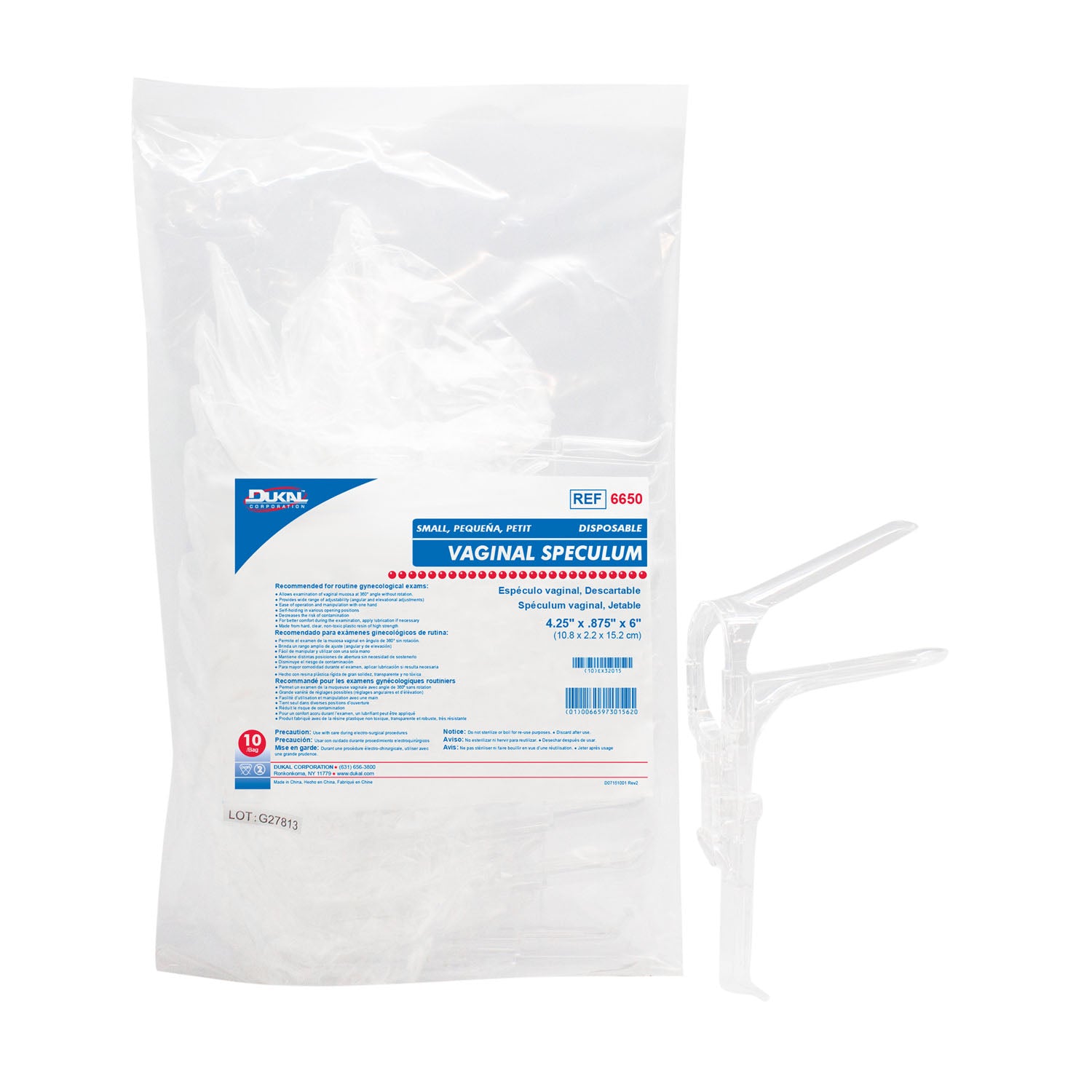 DUKAL S Vaginal Speculum, Small, Disposable, 10/bg, 10 bg/cs