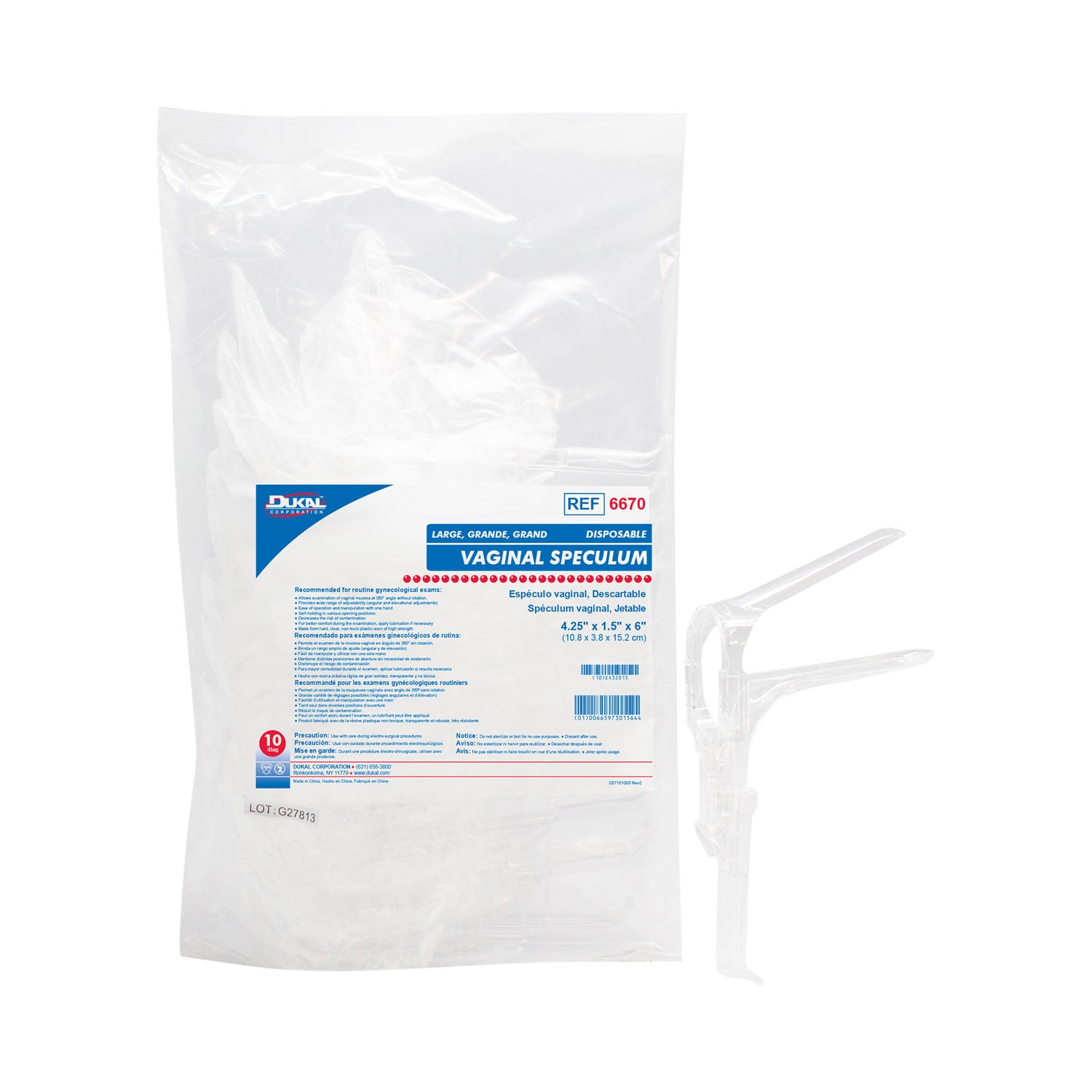 DUKAL S Vaginal Speculum, Large, Disposable, 10/bg, 10 bg/cs