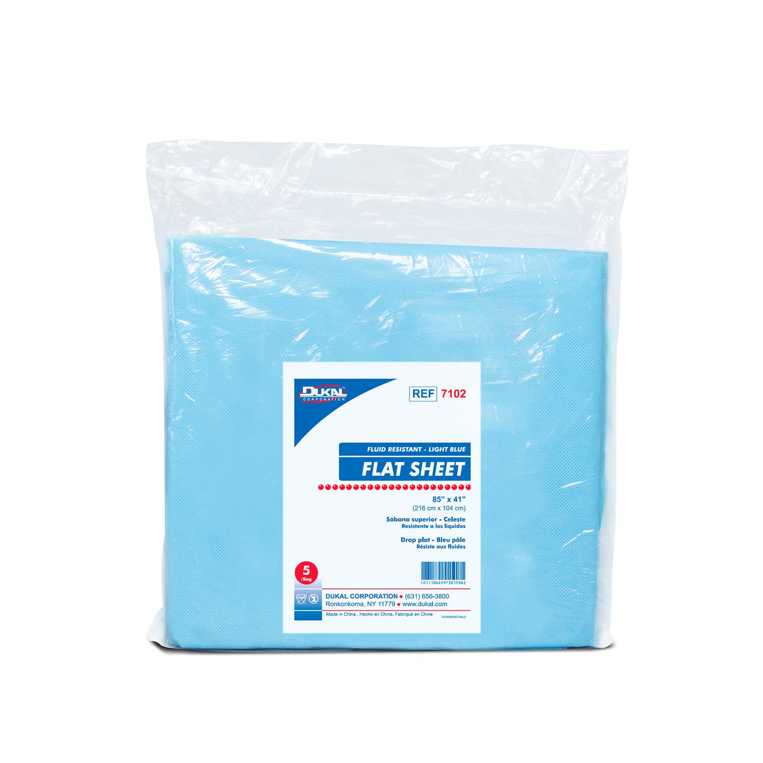 DUKAL DISPOSABLE LINENS "Flat Sheet, 85\" X 41\", Fluid Resistant, Lt. Blue, 5/bg, 20 bg/cs"