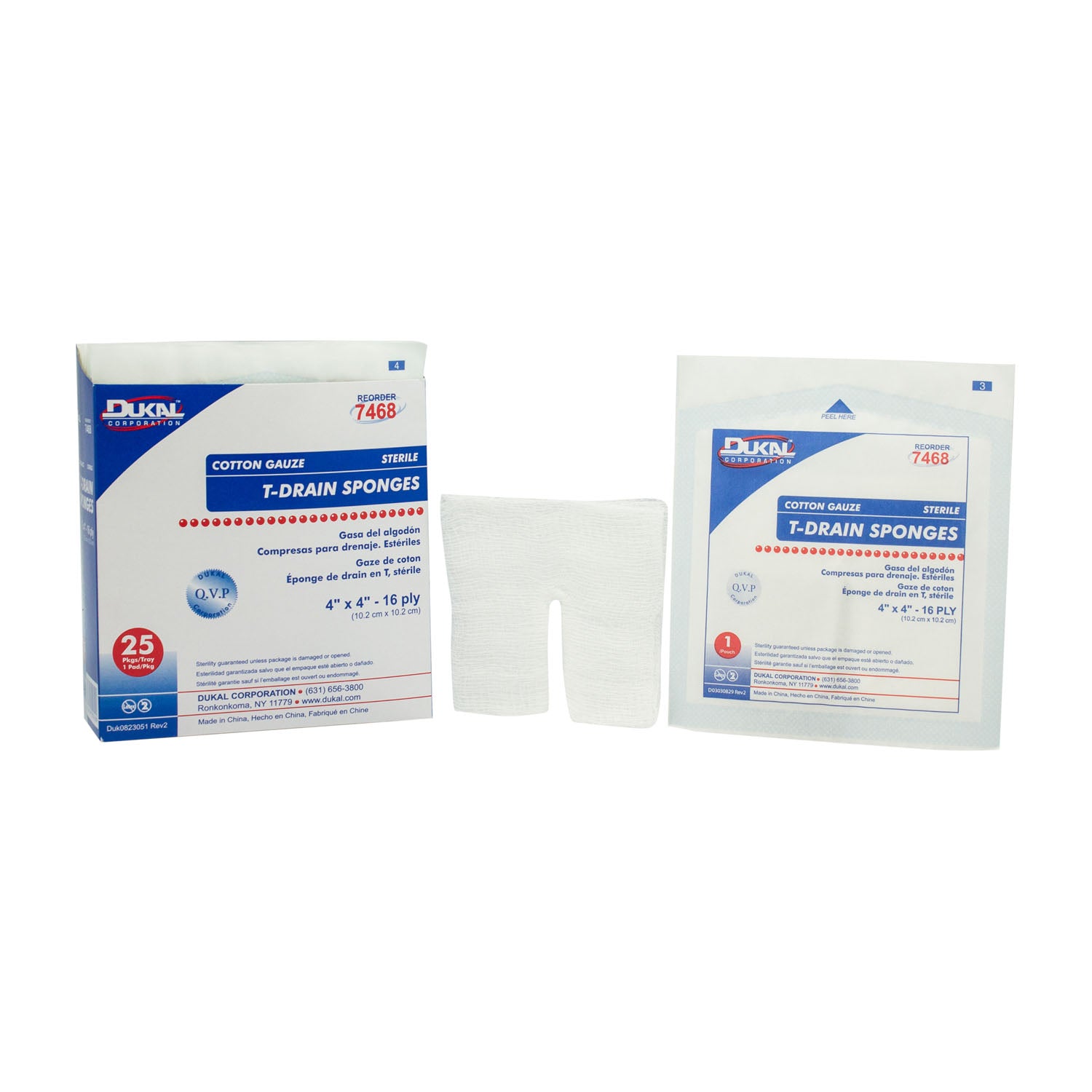 DUKAL IV & T-DRAIN SPONGES "T-Drain Sponge, 4\" x 4\" Sterile, 16 Ply, 1/pk, 25 pk/tray, 12 tray/cs"