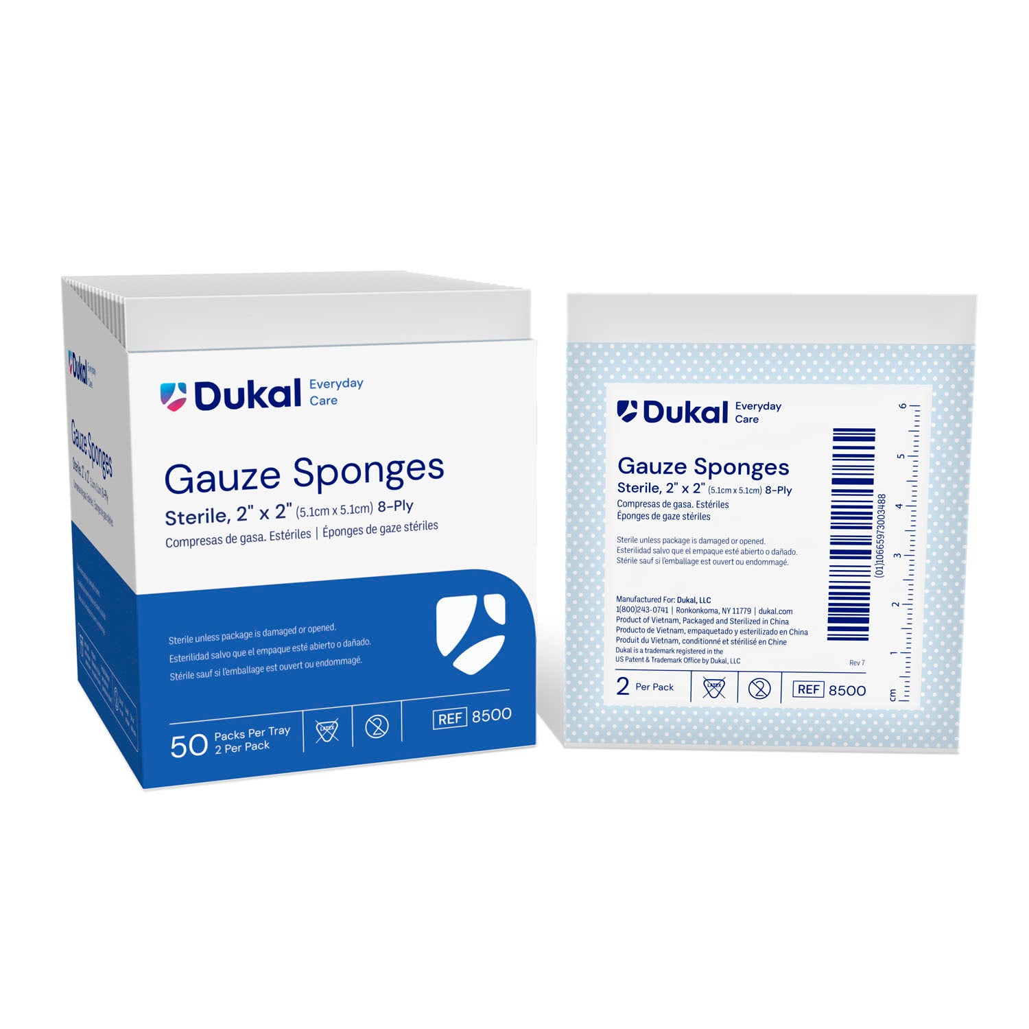 DUKAL BASIC GAUZE SPONGES "Gauze Sponge, 2\" x 2\", Sterile, 8-Ply, 2/pk, 50 pk/bx, 30 bx/cs"