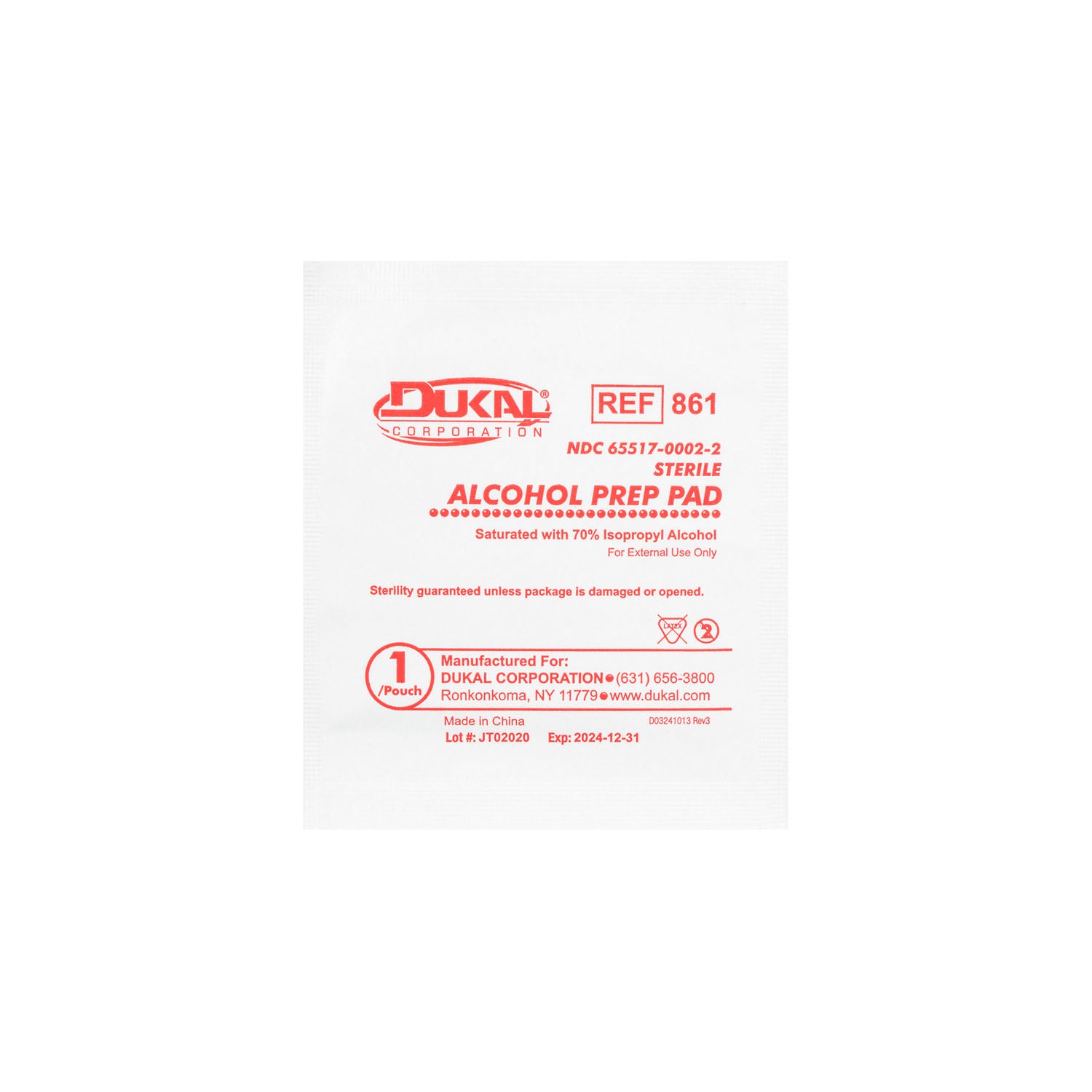 DUKAL ALCOHOL PADS Alcohol Prep Pad, Large, Sterile, 100/bx, 10 bx/cs (108 cs/plt) (Not Available for sale into Canada)