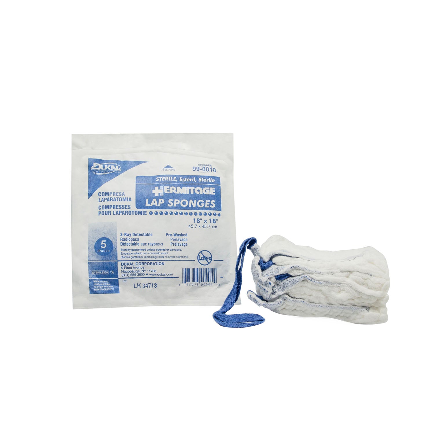 DUKAL LAPAROTOMY SPONGES "Laparotomy Sponge, 18\" x 18\", Sterile, Prewashed, X-Ray Detectable, Softpack, 5/pk, 40 pk/cs"