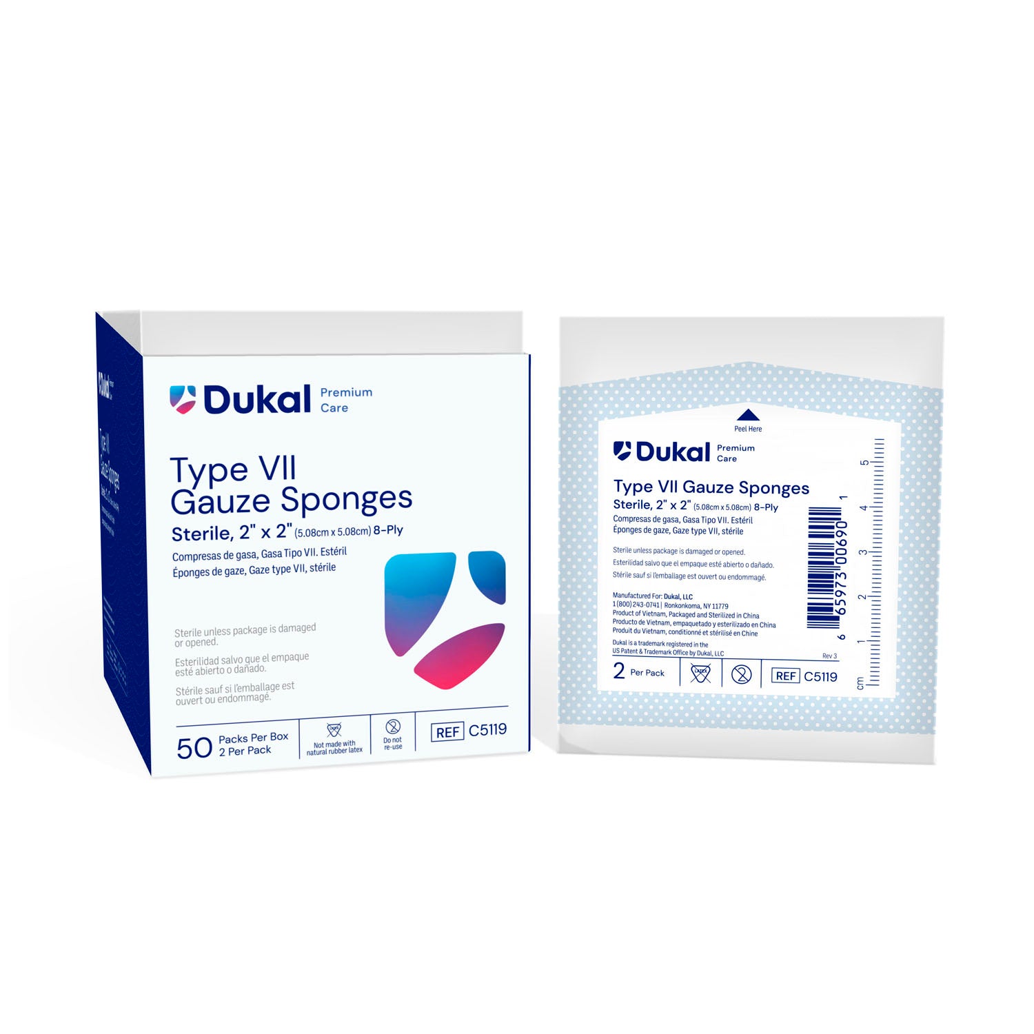 DUKAL CALIBER™ GAUZE SPONGES Gauze Sponge, Type VII, Sterile, 2" x 2", 8-Ply, 2/pk, 50 pk/bx, 30 bx/cs