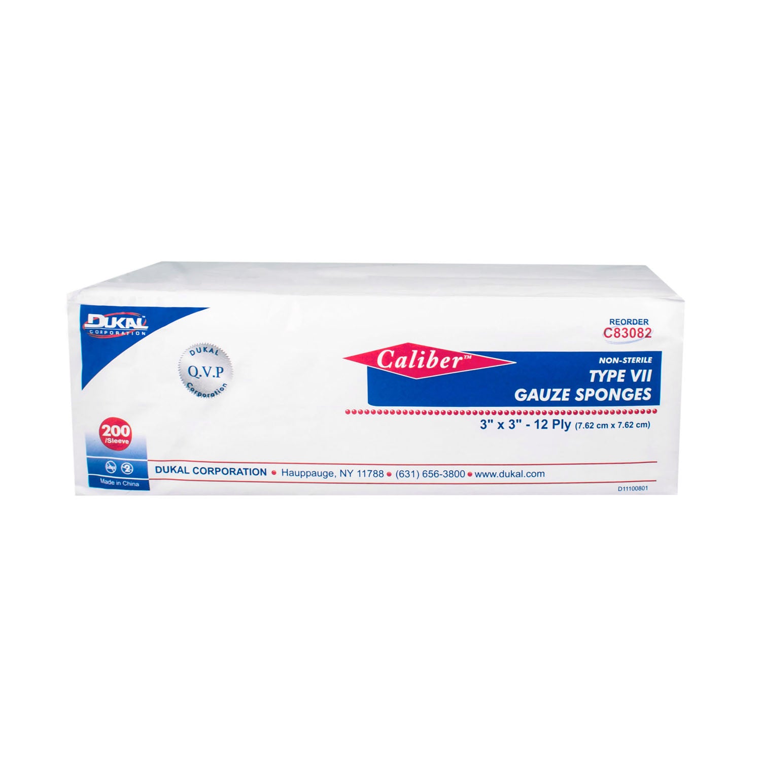 DUKAL CALIBER™ GAUZE SPONGES "Gauze Sponge, Type VII, Non-Sterile, 3\" x 3\", 12-Ply, 200/bg, 20 bg/cs"